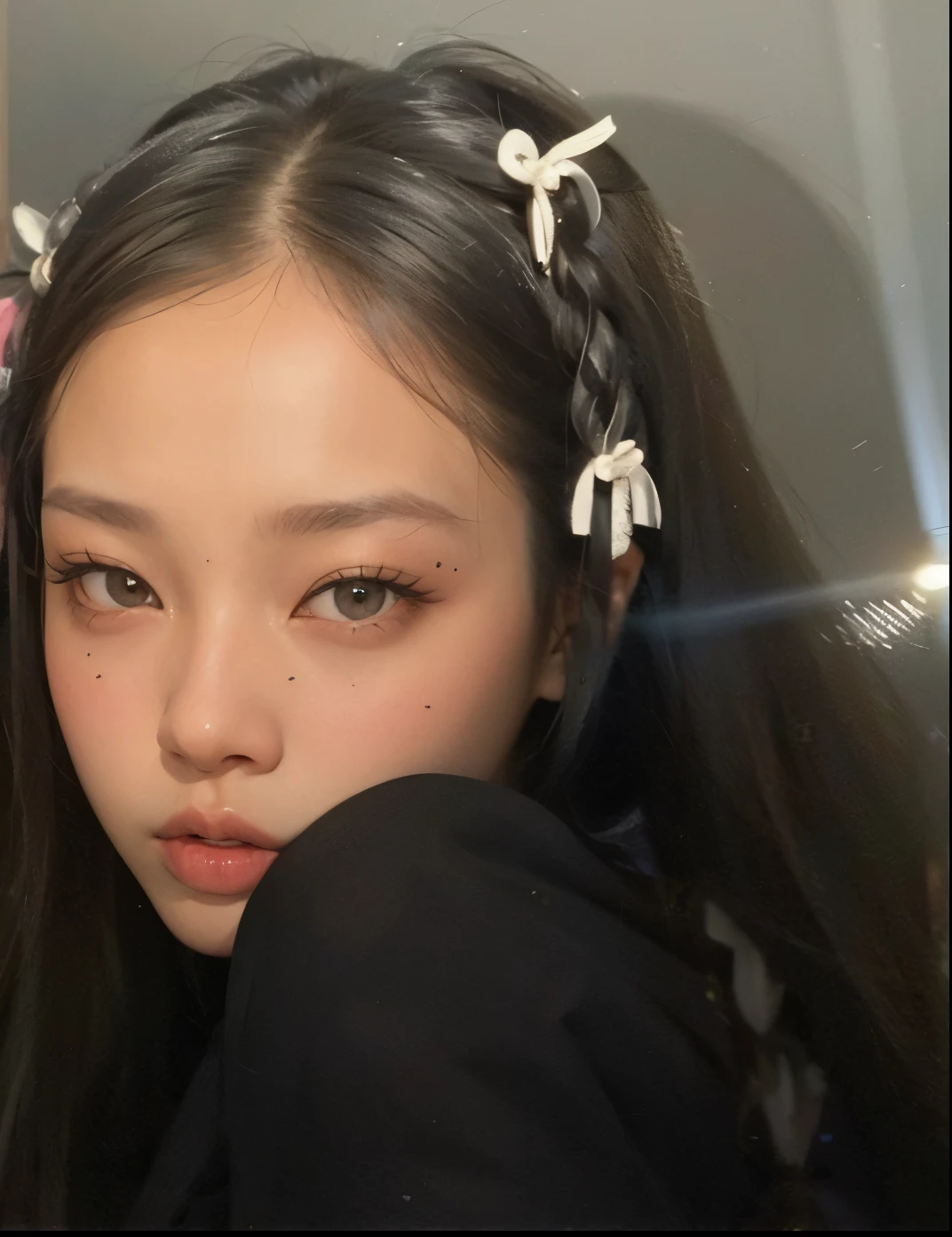 arafed woman with long hair and white hair combing another woman's hair, blackpink jennie, jossi of blackpink, portrait of jossi of blackpink, ulzzang, jisoo from blackpink, with black pigtails, pigtails hairstyle, jimin\'s right eyelid swollen, detailed face of a asian girl, asian face, jisoo of blackpink