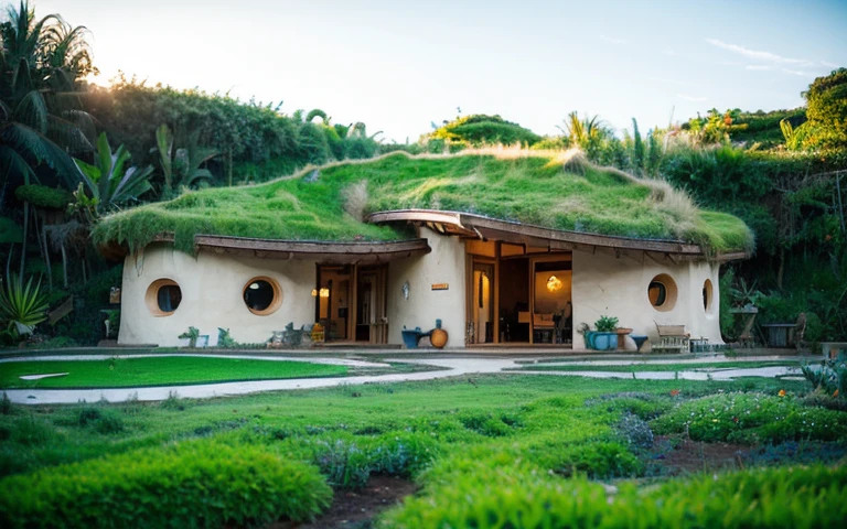 A photograph of a symmetrical a splendid contemporary hobbit house with (((waved green roof))) and (((biological pool))) in a tropical backyard, mustard yellow terracota plaster walls (((rustic clay stucco))), ((corner walls rounded)), ((rustic clay plaster)), (((terracotta walls with rounded corners, organic curves))), (((rustic earth plaster, mud))), (((wave-shaped green roof with wooden edge))), (((wooden roof structure, wooden rake, wooden fascia board))), eaves, porch with wooden pillar, ((roof with wooden structure)), In Bali (((Tropical garden))), ((natural houses, organic buildings, organic architecture)), Ecovillage, sustainable architecture, Bioconstruction architecture, solarpunk architecture, (((grass roof, green roof, green wave roof, rounded roof, vegetated roofs))), ((green architecture)), Passive house, (((Rock Foundation))), Clear sky in the background, painful beauty, modern, imposing, green house, ((Bali hobbit Hadid Style)), super resolution, cinematic, color grading, editorial photography, photography, photo shoot, (((dramatic front eye top angle view))), O 50mm, depth of field, intricate details, natural colors, sharp focus, warm light, shutter speed 1/1000, F/22, White Balance, Ray Trace Reflections, Lumen Reflections, Screen Space Reflections, Diffraction Rating, Chromatic Aberration, GB Shift, Partial Lighting, Backlighting, Daylighting, Scan Lines, ambient occlusion, antialiasing, shaders, OpenGL-Shaders, GLSL-Shaders, Post-processing, post-production, shading, tone mapping, incredibly detailed and complex, hypermaximalist, elegant, hyperrealistic, super detailed, dynamic pose, Fujifilm XT