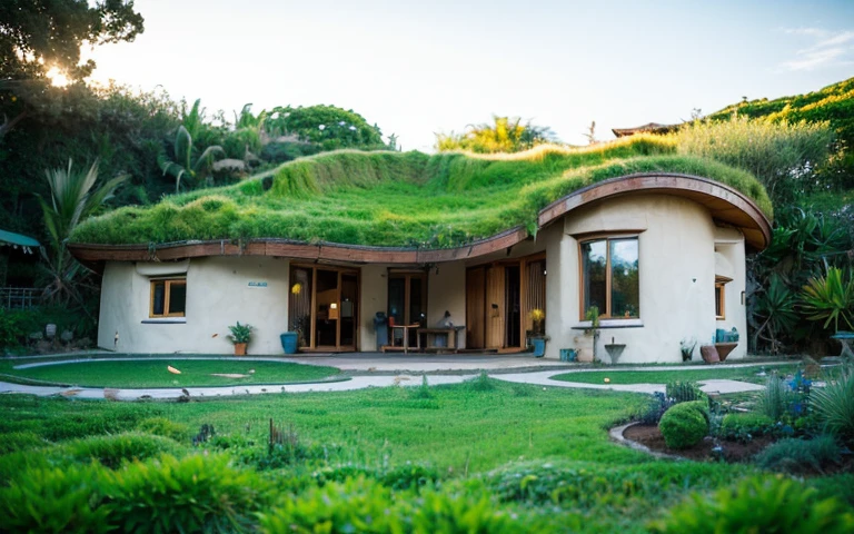 A photograph of a symmetrical a splendid contemporary hobbit house with (((waved green roof))) and (((biological pool))) in a tropical backyard, mustard yellow terracota plaster walls (((rustic clay stucco))), ((corner walls rounded)), ((rustic clay plaster)), (((terracotta walls with rounded corners, organic curves))), (((rustic earth plaster, mud))), (((wave-shaped green roof with wooden edge))), (((wooden roof structure, wooden rake, wooden fascia board))), eaves, porch with wooden pillar, ((roof with wooden structure)), In Bali (((Tropical garden))), ((natural houses, organic buildings, organic architecture)), Ecovillage, sustainable architecture, Bioconstruction architecture, solarpunk architecture, (((grass roof, green roof, green wave roof, rounded roof, vegetated roofs))), ((green architecture)), Passive house, (((Rock Foundation))), Clear sky in the background, painful beauty, modern, imposing, green house, ((Bali hobbit Hadid Style)), super resolution, cinematic, color grading, editorial photography, photography, photo shoot, (((dramatic front eye top angle view))), O 50mm, depth of field, intricate details, natural colors, sharp focus, warm light, shutter speed 1/1000, F/22, White Balance, Ray Trace Reflections, Lumen Reflections, Screen Space Reflections, Diffraction Rating, Chromatic Aberration, GB Shift, Partial Lighting, Backlighting, Daylighting, Scan Lines, ambient occlusion, antialiasing, shaders, OpenGL-Shaders, GLSL-Shaders, Post-processing, post-production, shading, tone mapping, incredibly detailed and complex, hypermaximalist, elegant, hyperrealistic, super detailed, dynamic pose, Fujifilm XT