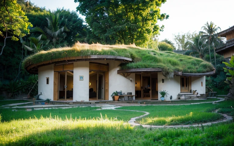 A photograph of a symmetrical contemporary house with (((one waved green roof))) and (((biological pool))) in a tropical backyard, mustard yellow terracota plaster walls (((rustic clay stucco))), ((corner walls rounded)), ((rustic clay plaster)), (((terracotta walls with rounded corners, organic curves))), (((rustic earth plaster, mud))), (((wave-shaped green roof with wooden edge))), (((wooden roof structure, wooden rake, wooden fascia board))), eaves, porch with wooden pillar, ((roof with wooden structure)), In Bali (((Tropical garden))), ((natural houses, organic buildings, organic architecture)), Ecovillage, sustainable architecture, Bioconstruction architecture, solarpunk architecture, (((grass roof, green roof, green wave roof, rounded roof, vegetated roofs))), ((green architecture)), Passive house, (((Rock Foundation))), Clear sky in the background, painful beauty, modern, imposing, green house, ((Bali hobbit Hadid Style)), super resolution, cinematic, color grading, editorial photography, photography, photo shoot, (((dramatic front eye top angle view))), O 50mm, depth of field, intricate details, natural colors, sharp focus, warm light, shutter speed 1/1000, F/22, White Balance, Ray Trace Reflections, Lumen Reflections, Screen Space Reflections, Diffraction Rating, Chromatic Aberration, GB Shift, Partial Lighting, Backlighting, Daylighting, Scan Lines, ambient occlusion, antialiasing, shaders, OpenGL-Shaders, GLSL-Shaders, Post-processing, post-production, shading, tone mapping, incredibly detailed and complex, hypermaximalist, elegant, hyperrealistic, super detailed, dynamic pose, Fujifilm XT