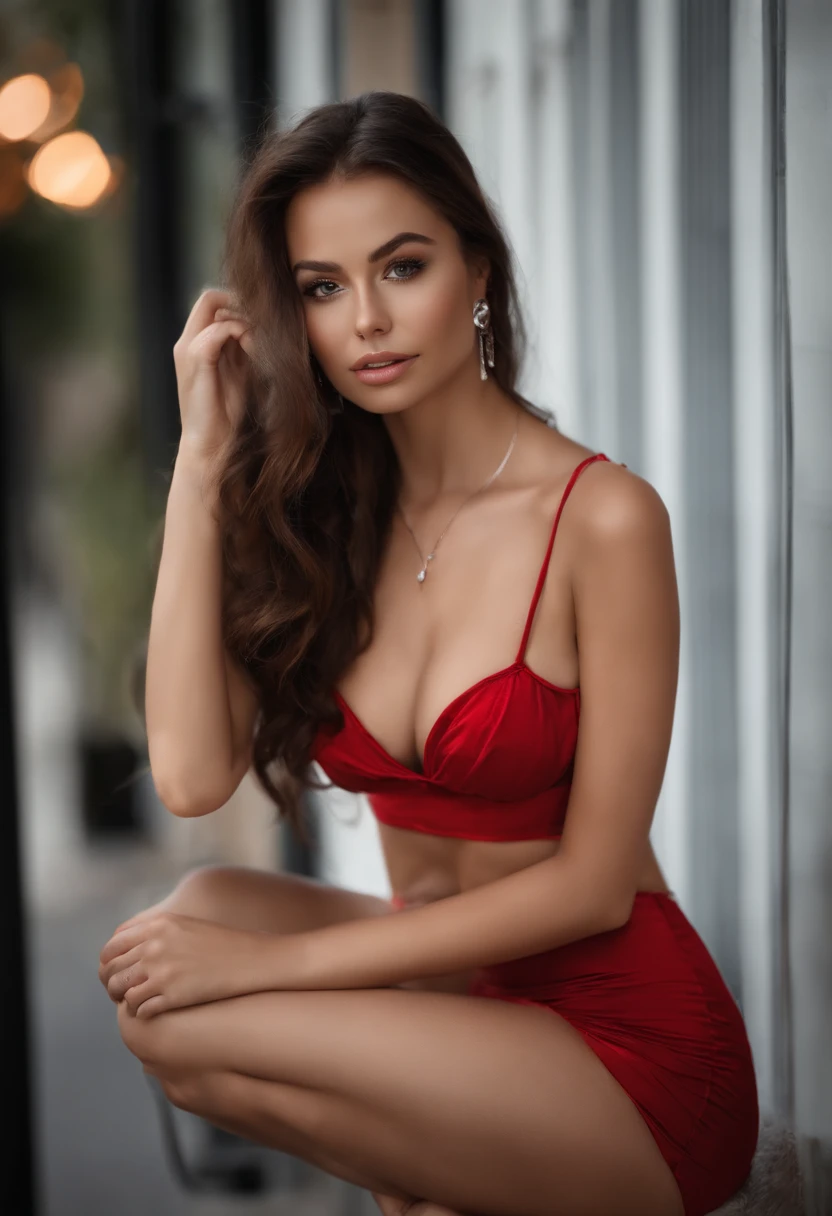 arafed woman with a wearing red lingerie and a necklace, ssexy girl, sophie mudd, brown hair and large eyes, young woman, violet myers, without makeup, natural makeup, face with artgram, subtle makeup, stunning full body shot, piercing eyes, seductive, big breasts, erotic pose, sexy pose, looking at viewer, on steet