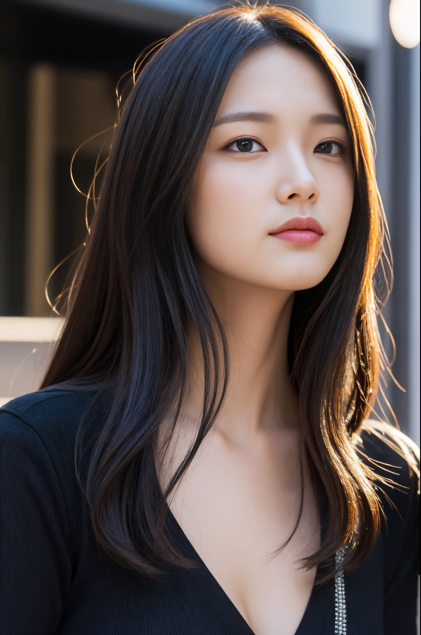 Walk the streets of the city,One lady、 Black shirt, wearing gorgeous black clothes, She wears a black shirt.Black Dress, shopping, In the city, highly detailed beautiful girl, Highly detailed face, Highly detailed eyes, highly detailedskin, extremely detailed fingers, highly detailed nose, very detailed detailed mouth、black pendant,A wistful look、cleavage of the breast