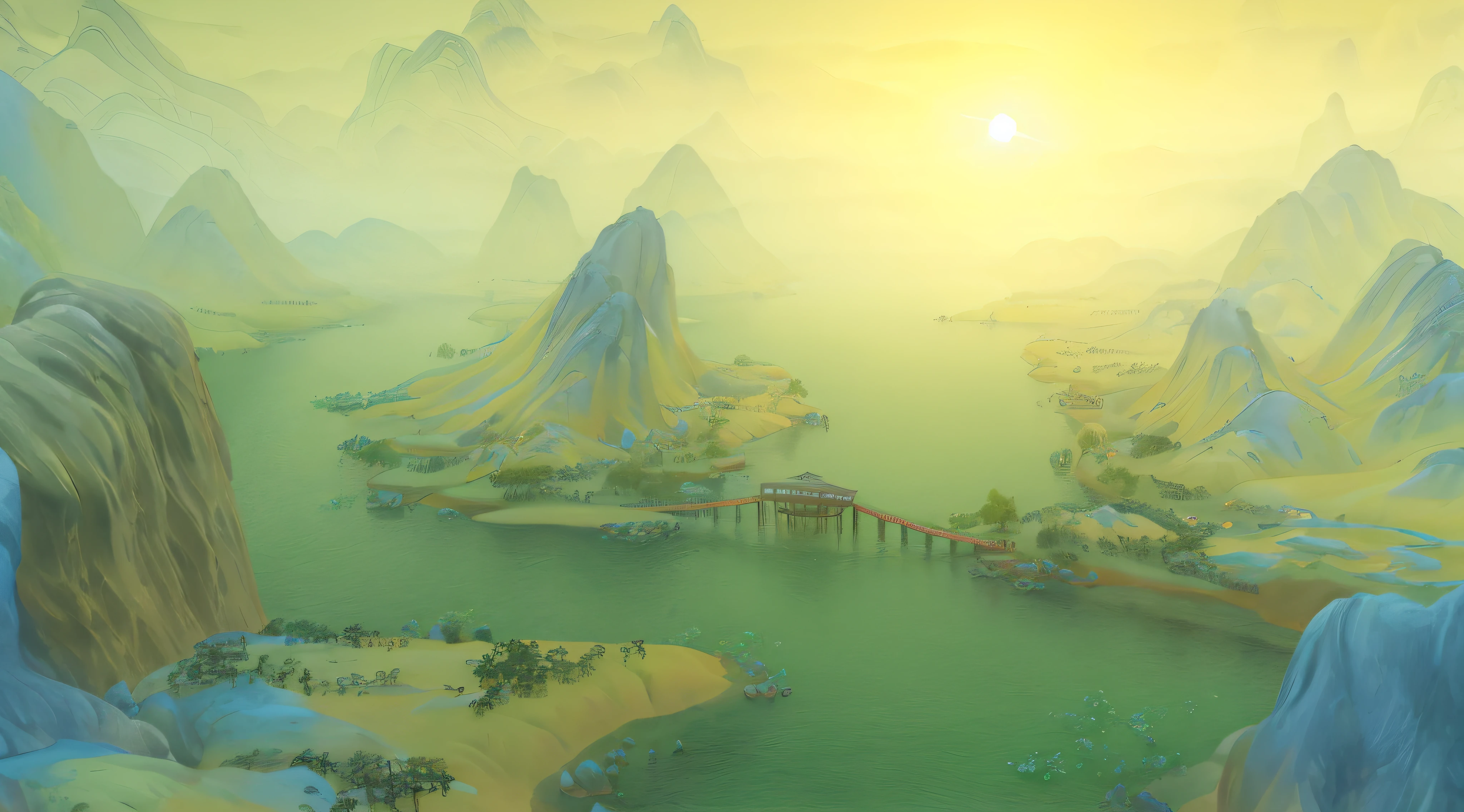 Painting of a river flowing through a lush green valley,The mountains are in the background, Flowing hills, 8k resolution digital painting, 8k resolution digital painting, 4k digital painting, 4k digital painting, Pintura digital details, Lower town of Taljamento. digitial painting, high detail digital painting, peaceful scenery, Rio, trees and hills, 4K detailed painting, 4k digital painting