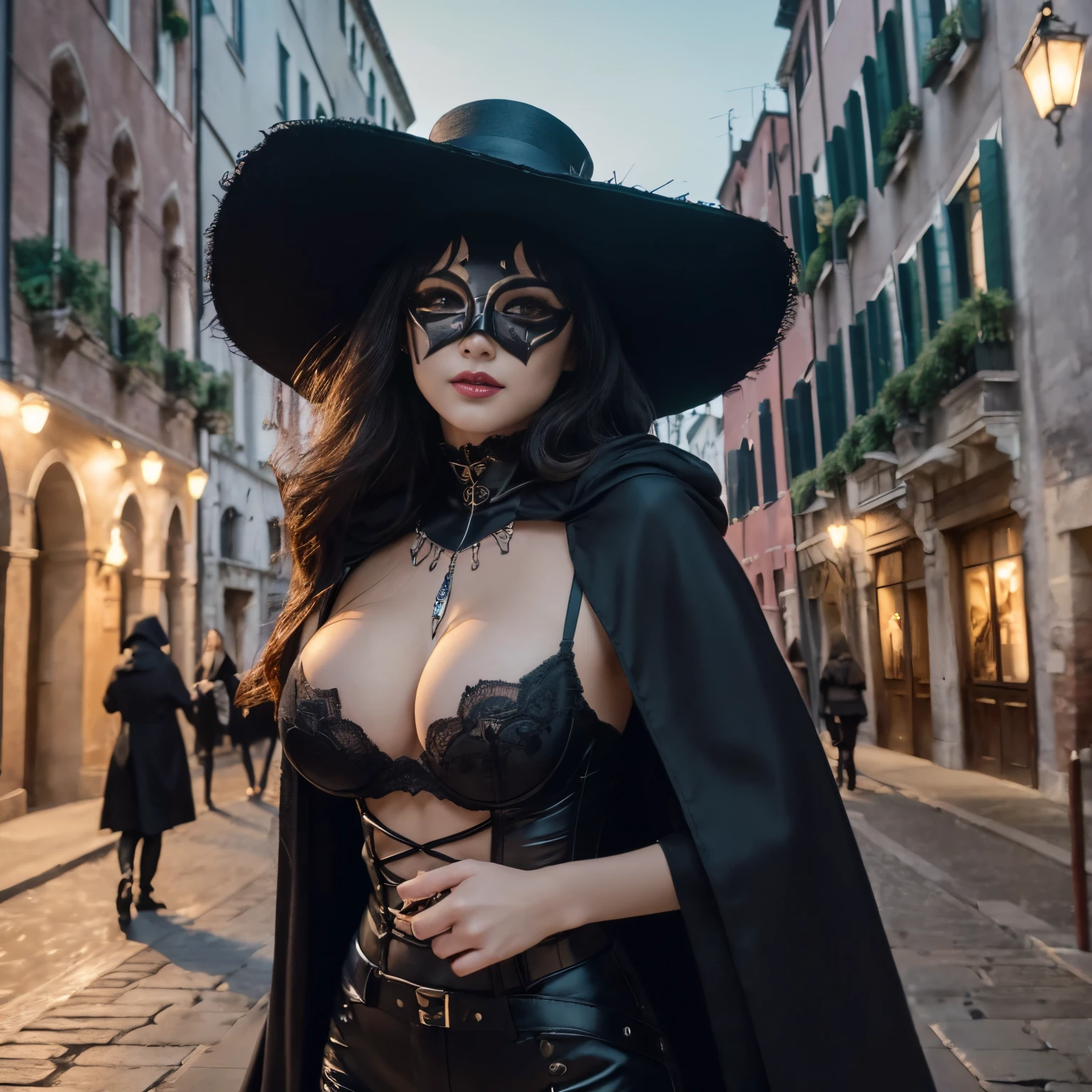 ((top-quality、masutepiece、8K、Top image quality、Very complex and detailed details))、((1 female phantom thief、femele、Long Wave Hair、Beautuful Women))、(((Black top hat、detailed black venetian mask、detailed gothic black half mask、Accurate and detailed mask、Black cloak、Big black cloak、19th century European black corsets and pants、Pure black clothes、Black cloak、Black pants、perfect venetian mask、hand holding a huge jewel、precise and perfect diamond、has a huge and perfect diamond)))、(outside the museum at night、Outside a huge and luxurious museum、european townscape、Majestic and luxurious museum background、walking in city、A violently swaying black cloak、the cloak shakes violently、[[large full breasts]]、[Emphasize body lines])、A slight smil、a smile