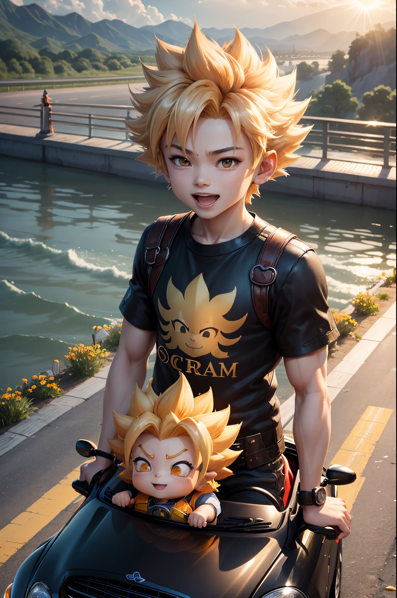 Sateen,Clouds,Sun'rays,Highway,little boy driving a convertible car,Sun Wukong,super saiyan,great laughter,Spiked Hairstyles,Flowers,mont,a river,a bird,Rich colors,masterpiece,Chibi,Full body