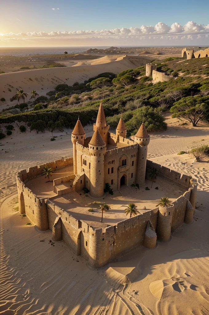 desert island, castle made of sandstone on top of a hill, ruined castle, white sand, sunset, sunset sun, ocean, palm trees