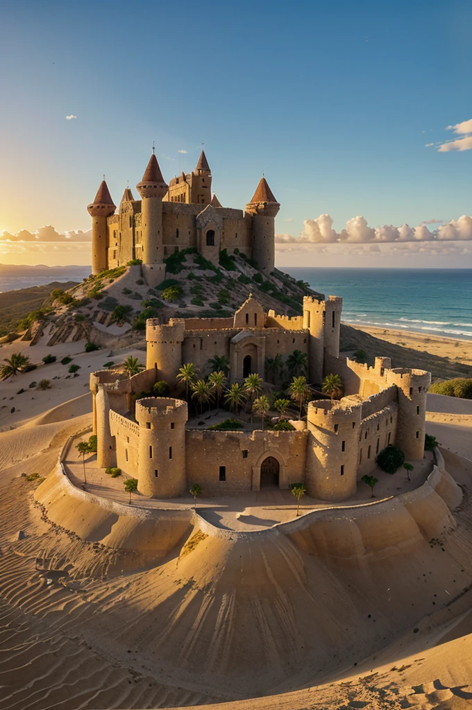 desert island, castle made of sandstone on top of a hill, ruined castle, white sand, sunset, sunset sun, ocean, palm trees