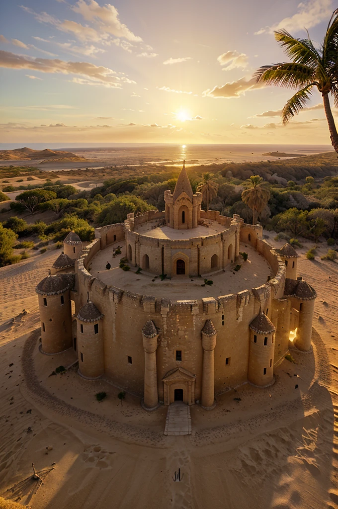 desert island, castle made of sandstone on top of a hill, ruined castle, white sand, sunset, sunset sun, ocean, palm trees