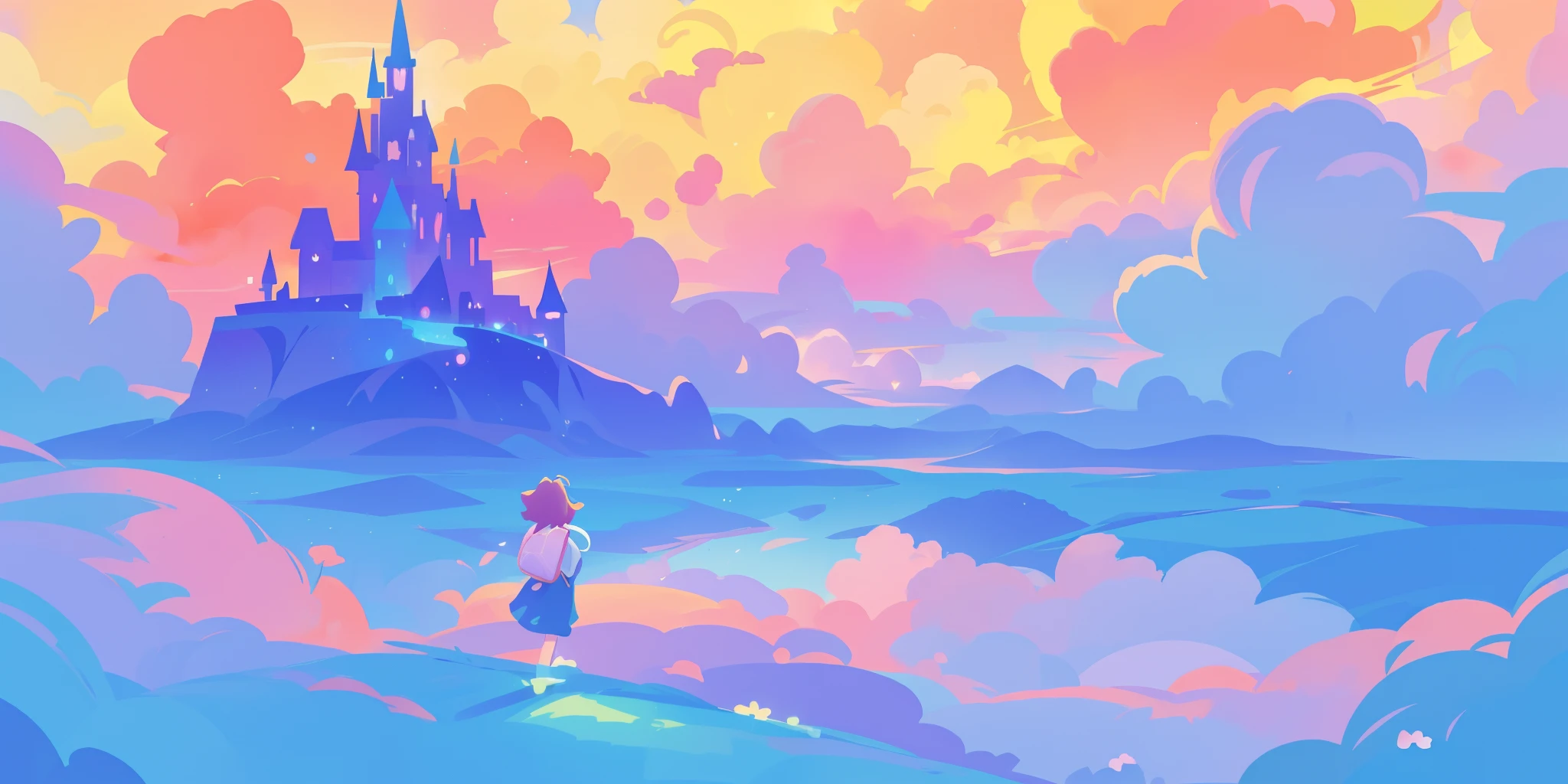 beautiful fantasy landscape, vibrant colors, (((otherworldly landscape))), whimsical landscape, cloud castle, huge clouds, ocean of clouds, watercolor illustration, disney art style, glowing lights, beautiful digital illustration, fantasia otherworldly landscape plants flowers, beautiful, masterpiece, best quality, anime disney style