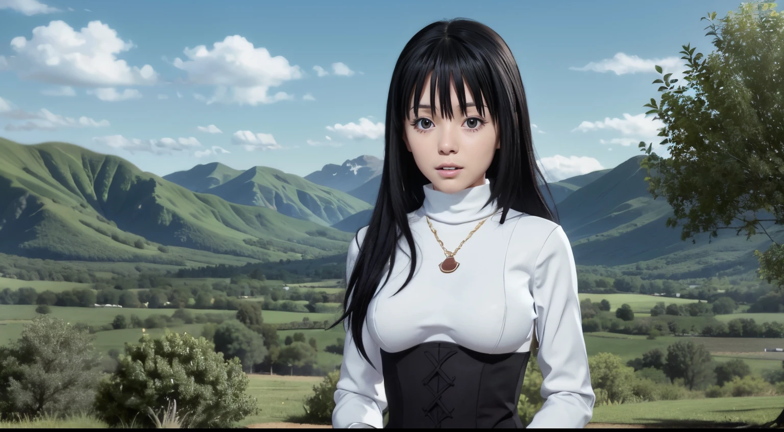 standing in front of a mountain range with trees and clouds, white shirt ,black leggings, jacket,blue collared shirt, bangs,black_hair,blue_eyes,long_hair,turtleneck, 1 girl, 20yo,mature female,Beautiful Finger,Beautiful long legs,Beautiful body,Beautiful Nose,Beautiful character, extremely beautiful face, beauty