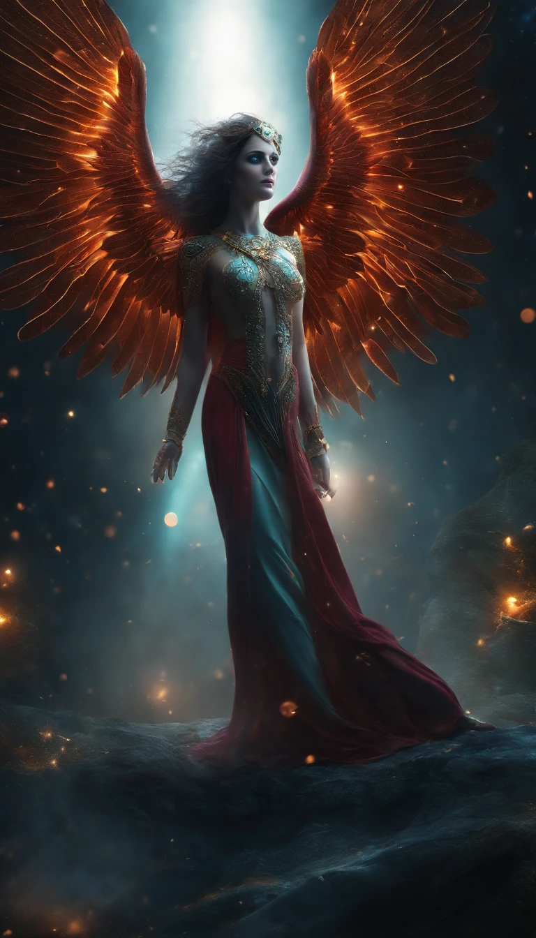 Cosmic Fallen Angel, Bright and clear eyes, Biomechanicals, the strange, fearsome, nightmare, The colors are very vivid, Light particles, There is bright light, Mshiv, wallpaper art, ultra HD wallpaper，natta，with black background，The light from the rear window is backlit