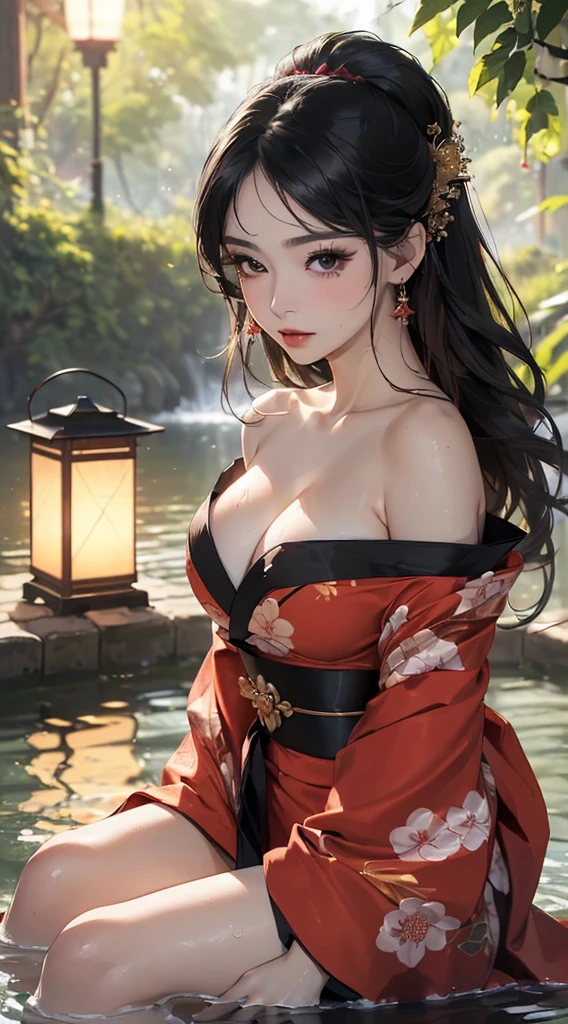 (((8k wallpaper of extremely detailed CG unit, ​masterpiece, 超A high resolution:1.2, top-quality:1.2, masutepiece))), ((extremely beautiful lady, Small:1.6, The face is facing forward, Immersed in water, sitting on, sad Facial expression)), ((extra detailed face, Highly detailed black eyes, extra detailed body, Top quality real texture skins)), (A dark-haired, Light pink eyeshadow:1.2, de pele branca, Sexy black and red kimono:1.2, off shoulders, Exposed cleavage, exposed shoulder, Exposed thighs), ((plein air, natta:1.8, lantern)), hyper realisitic, digitial painting,