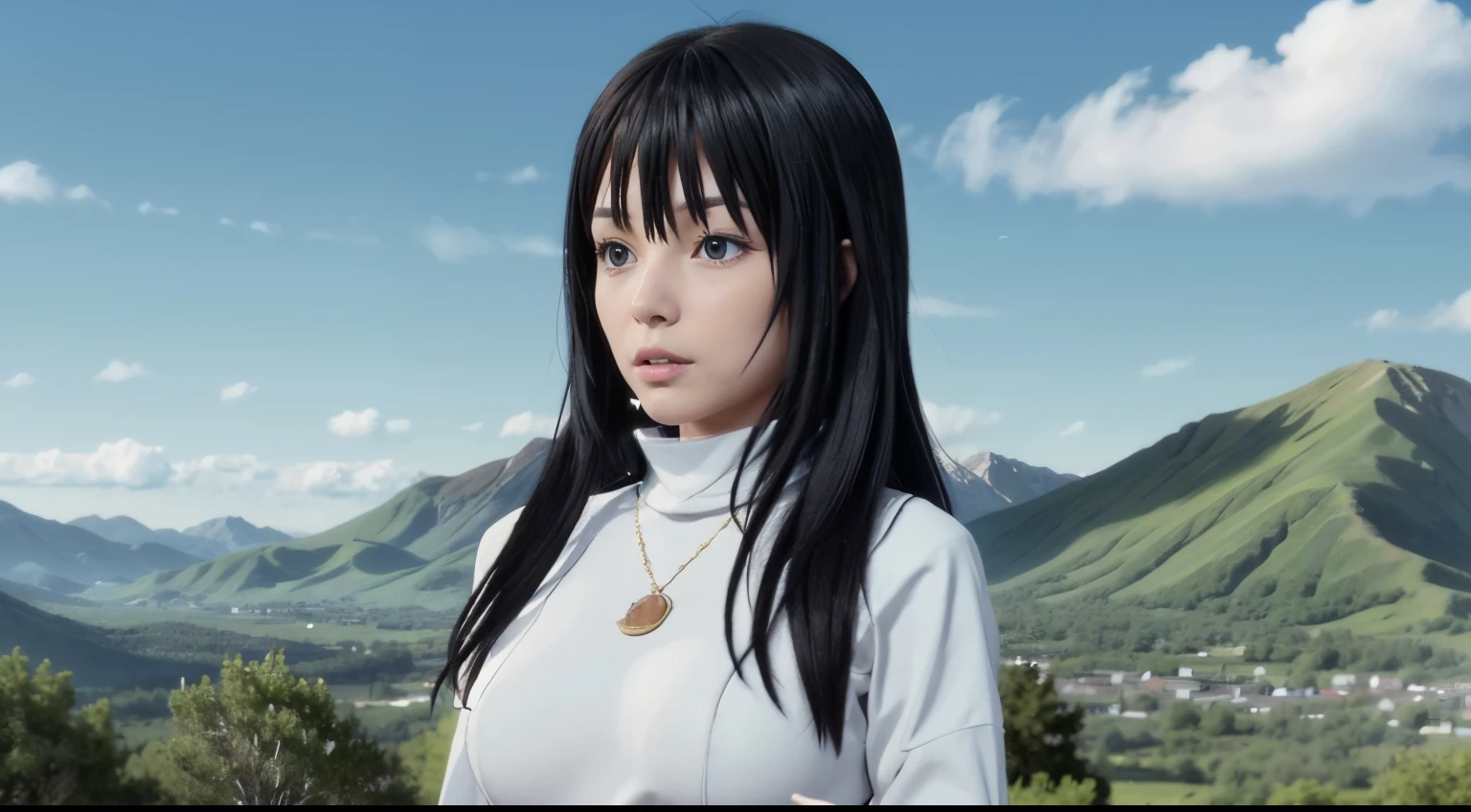 standing in front of a mountain range with trees and clouds, white shirt ,black leggings, jacket,blue collared shirt, bangs,black_hair,blue_eyes,long_hair,turtleneck, 1 girl, 20yo,mature female,Beautiful Finger,Beautiful long legs,Beautiful body,Beautiful Nose,Beautiful character, extremely beautiful face, beauty