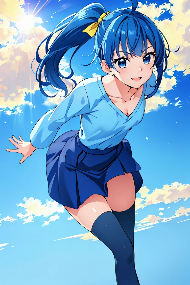 (masterpiece), (best quality),  1girl,dynamic pose,smile, solo, soraharewataru, ahoge, blue_eyes, blue_hair, blue_shirt, blue_skirt, blue_thighhighs, blunt_bangs, collarbone, hair_bow, yellow_bow, long_sleeves, medium_hair, side_ponytail, small_breasts, sneakers_, striped_shirt, zettai_ryouiki, photorealistic,day,sunshine,beautiful sky,outdoors