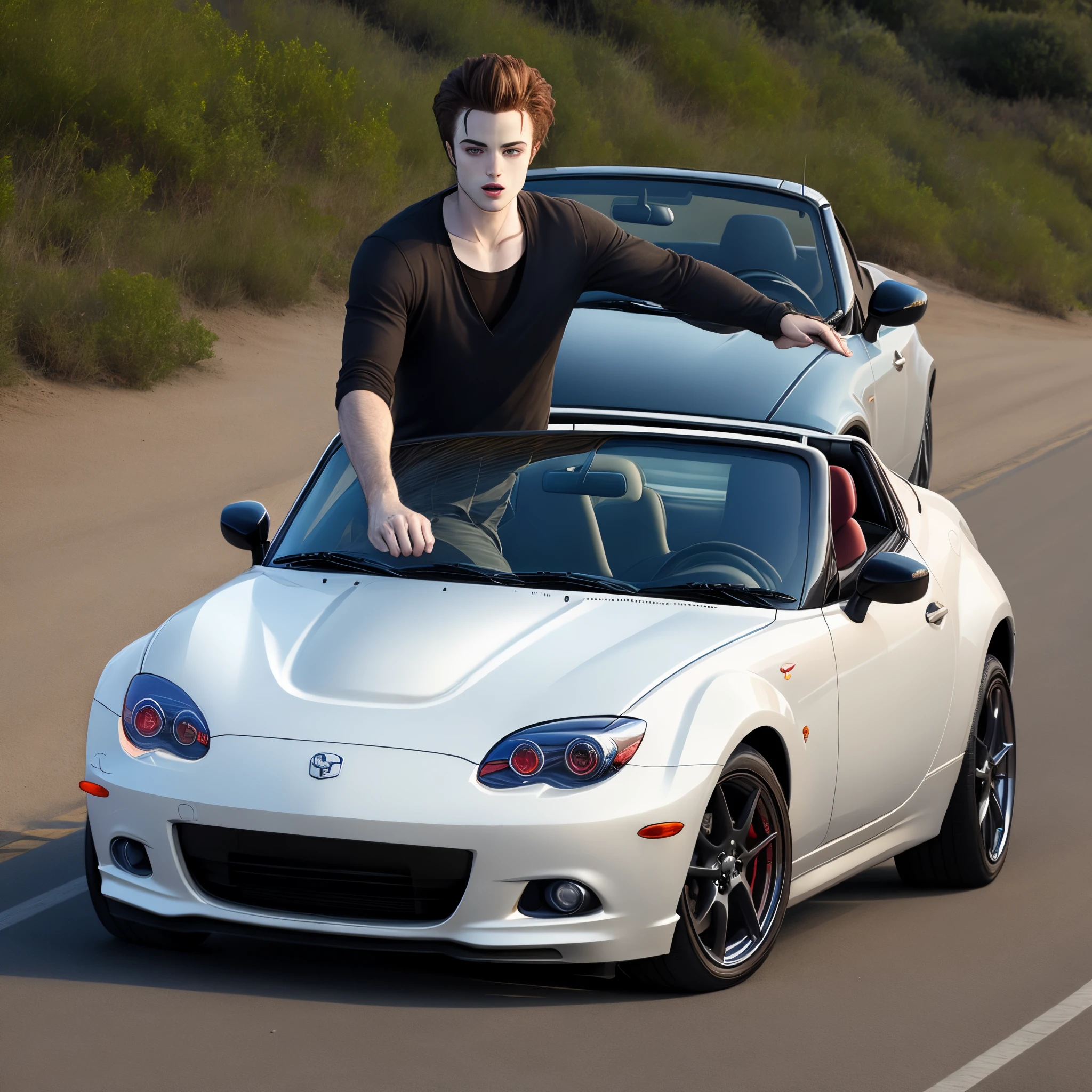 Edward Cullen driving a miata