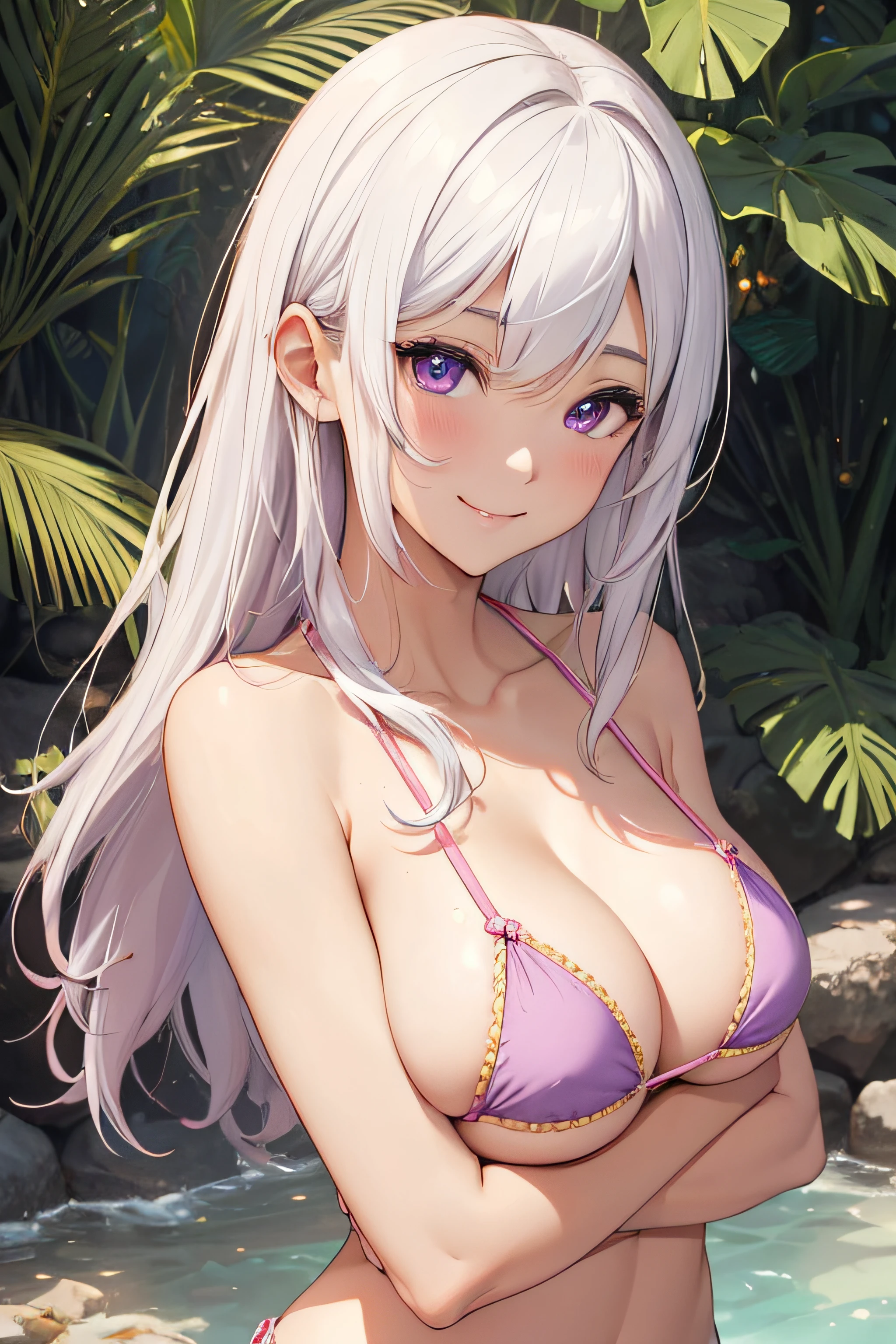 high definition, 8K, detailed face, grabbing her breast, showing her breast, Noelle Silva, ((Deep purple eyes)), ((pink micro bikini)), spa, ((large breasts)), slim and thin, body of equal proportions, ((focus on her breast)), front view, four fingers and 1 thumb, ((2 hands)), ((White hair)), Beautiful smile, Smiling at viewer, blushing cheeks,