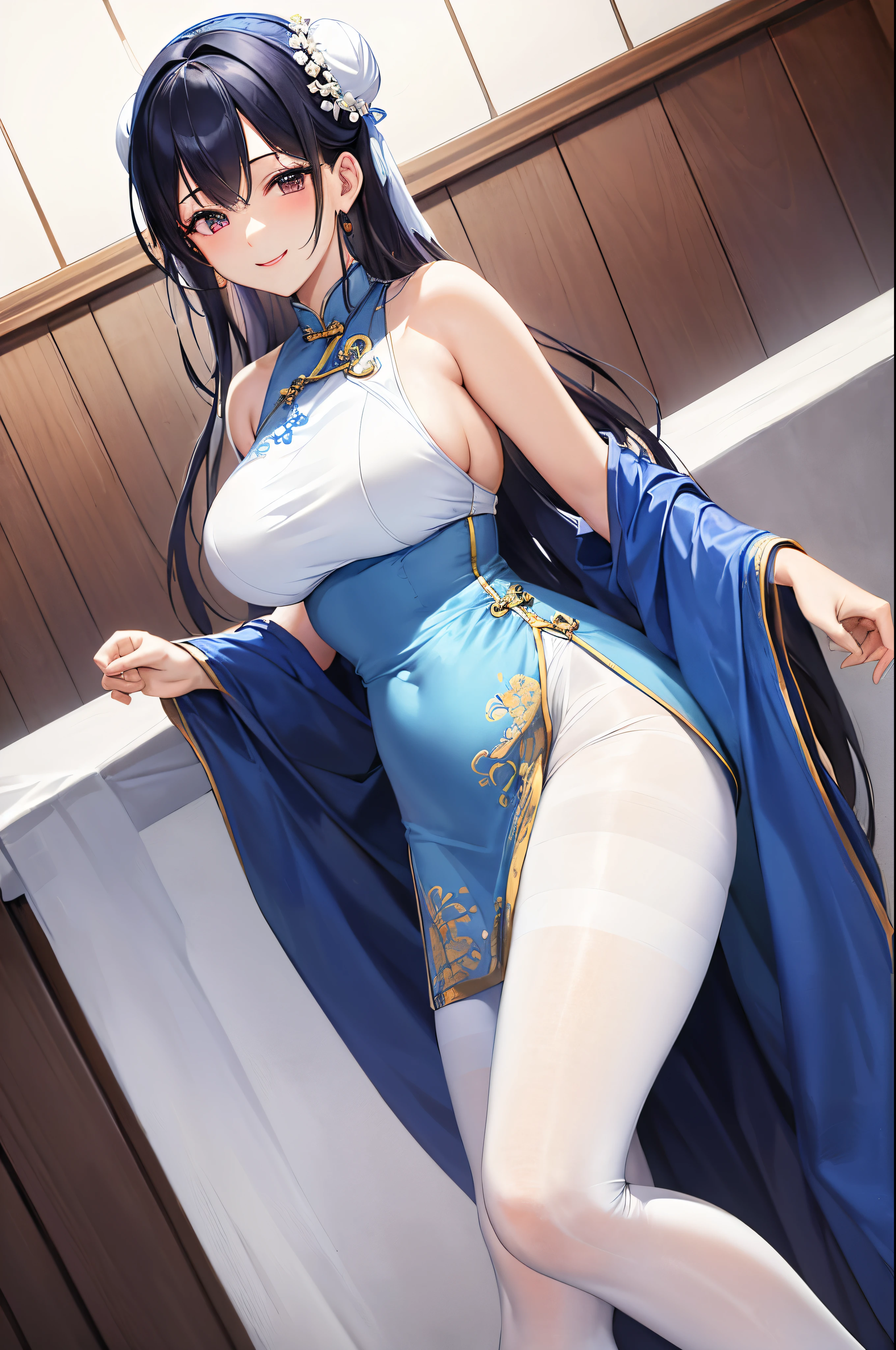 Masterpiece, best, 1 female, blue clothes, blue cheongsam, full body photo, ancient Chinese style, white cloth bun bun, black hair, shoulders, big breasts, slender legs, smile, white pantyhose, pantyhose lace side, white underwear, pale pink lips, embroidered dress