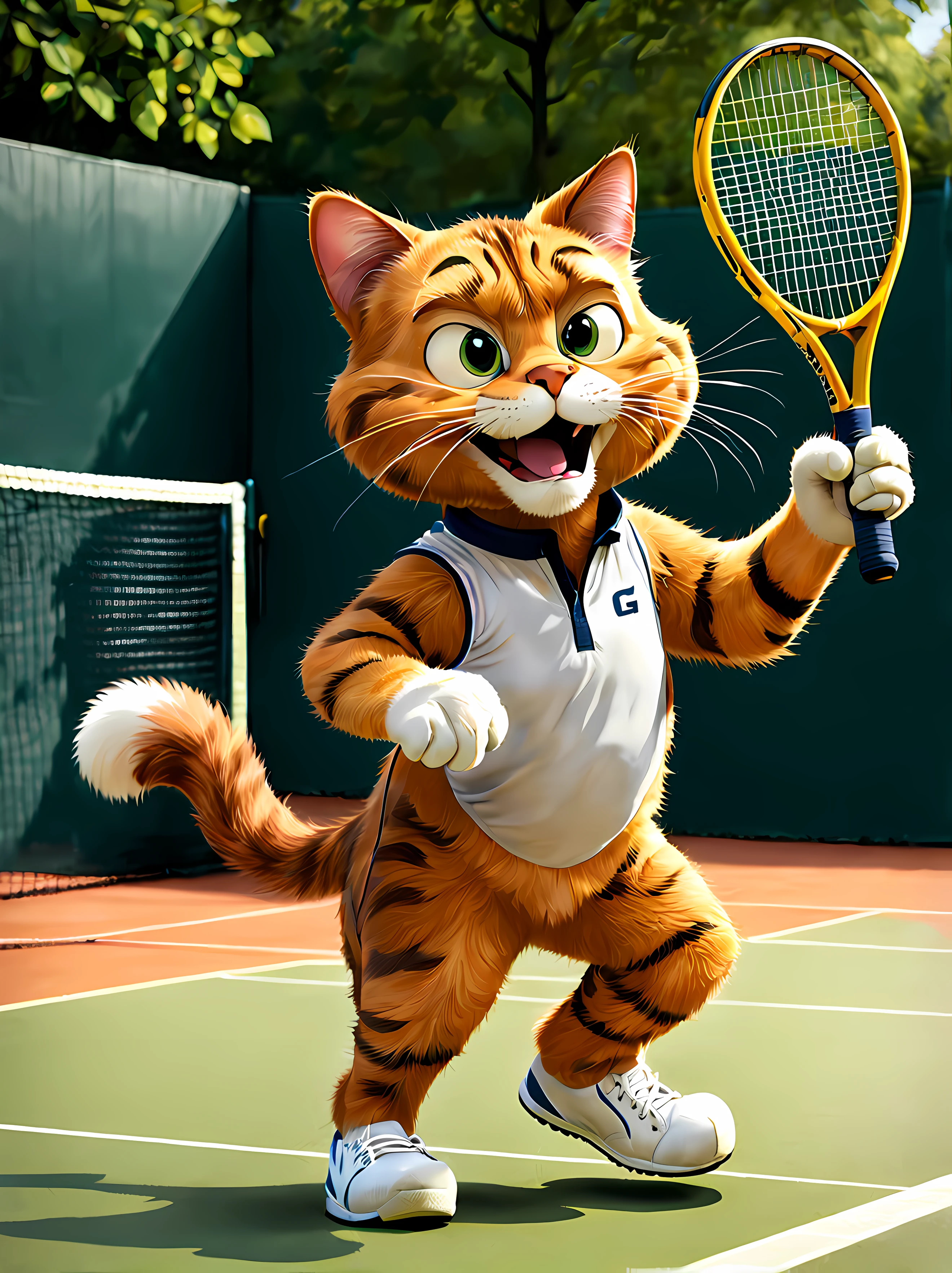 (solo:1.3), (Garfield) feline discovers a hidden talent for tennis when he accidentally stumbles upon a forgotten tennis court in his neighborhood, as he picks up a racket and tries his paw at the sport he realizes that his natural laziness and laid-back attitude might just be the secret to becoming a tennis champion, snacks