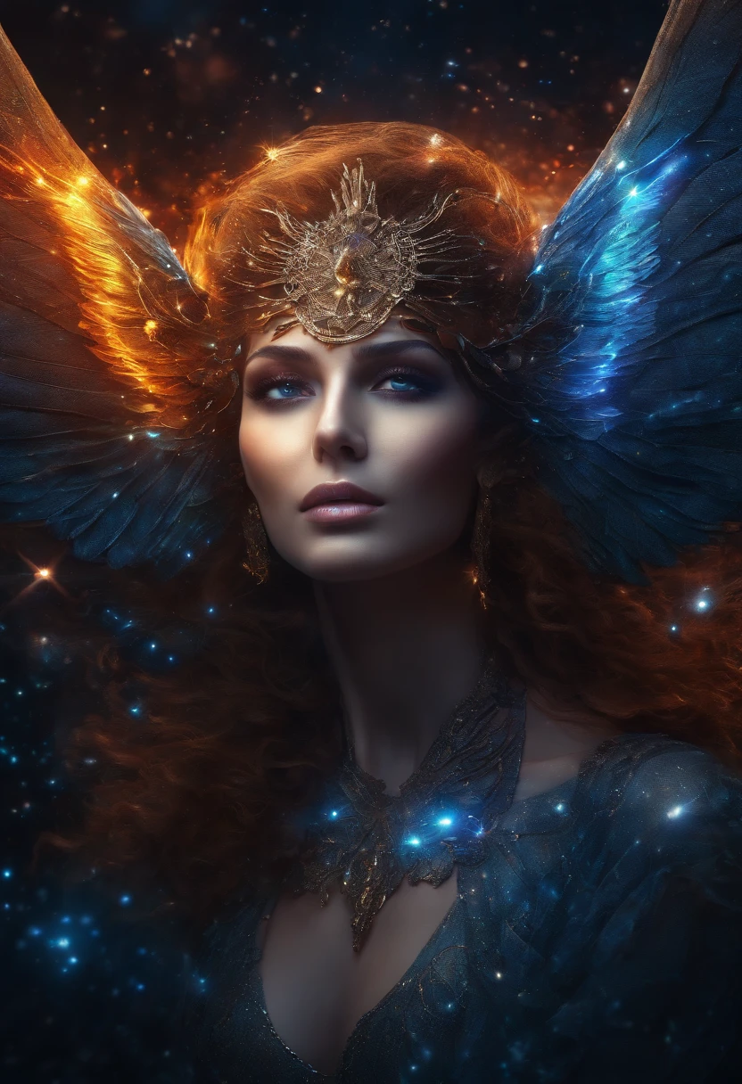 fallen angel of the universe, Radiant Eyes, Biomechanicals, dense, crawling, nightmarish, The colors are very vivid, light particules, Bio-luminescence, Musif, wallpaper art, ultra HD wallpaper