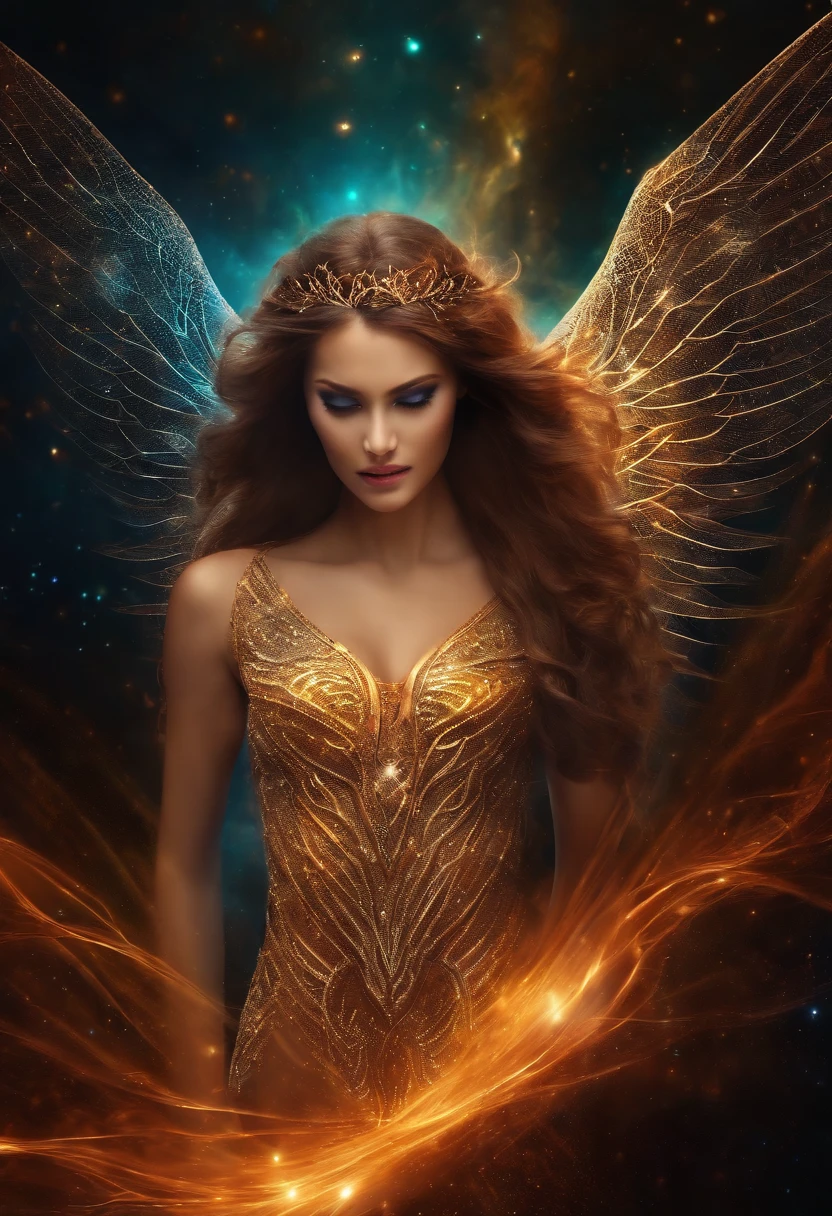 fallen angel of the universe, Radiant Eyes, Biomechanicals, dense, crawling, nightmarish, The colors are very vivid, light particules, Bio-luminescence, Musif, wallpaper art, ultra HD wallpaper
