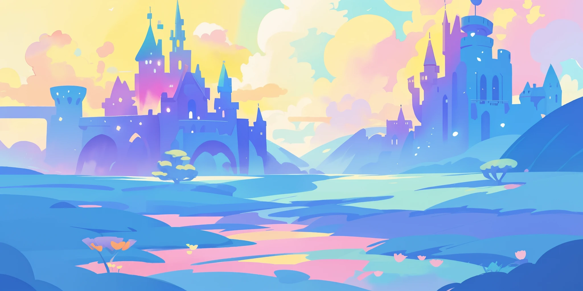 beautiful fantasy landscape, vibrant colors, (((otherworldly landscape))), whimsical landscape, cloud castle, huge clouds, ocean of clouds, watercolor illustration, disney art style, glowing lights, beautiful digital illustration, fantasia otherworldly landscape plants flowers, beautiful, masterpiece, best quality, anime disney style