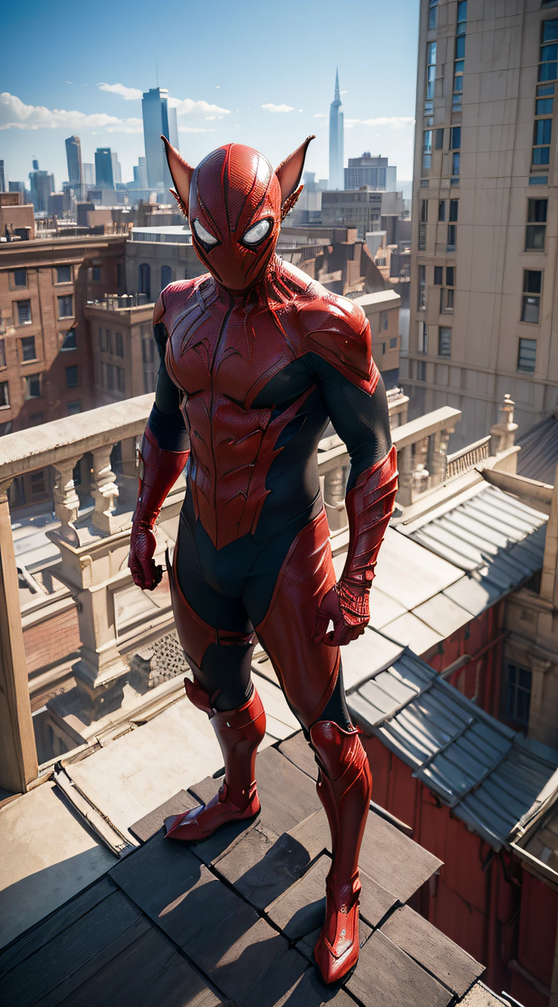 (((fully red))) symbiote suit, venom,  boy, ((pointy ears)), ((goblin head)), tail, standing on a roof of the scyscraper, sunlight, sunny day, intricate, high detail, sharp focus, dramatic, photorealistic painting art by greg rutkowski