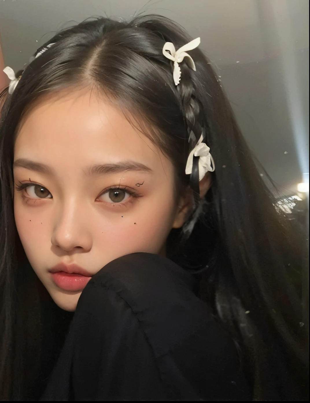arafed woman with long hair and white hair combing another woman's hair, blackpink jennie, jossi of blackpink, portrait of jossi of blackpink, ulzzang, jisoo from blackpink, with black pigtails, pigtails hairstyle, detailed face of a asian girl, jimin\'s right eyelid swollen, asian face, jisoo of blackpink
