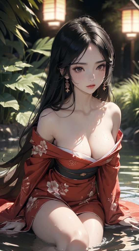 (((8k wallpaper of extremely detailed CG unit, ​masterpiece, 超A high resolution:1.2, top-quality:1.2, masutepiece))), ((extremely beautiful lady, Small:1.6, The face is facing forward, Immersed in water, sitting on, sad Facial expression)), ((extra detailed face, Highly detailed black eyes, extra detailed body, Top quality real texture skins)), (A dark-haired, Light pink eyeshadow:1.2, de pele branca, Sexy black and red kimono:1.2, off shoulders, Exposed cleavage, exposed shoulder, Exposed thighs), ((plein air, natta:1.8, lantern)), hyper realisitic, digitial painting,