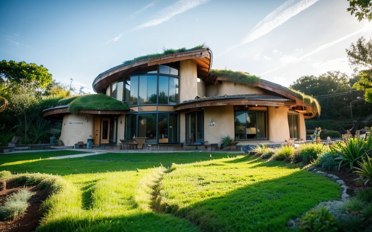A photograph of a symmetrical a splendid contemporary house with (((waved green roof))) and (((biological pool))) in a tropical backyard, mustard yellow terracota plaster walls (((rustic clay stucco))), ((corner walls rounded)), ((rustic clay plaster)), (((terracotta walls with rounded corners, organic curves))), (((rustic earth plaster, mud))), (((wave-shaped green roof with wooden edge))), (((wooden roof structure, wooden rake, wooden fascia board))), eaves, porch with wooden pillar, ((roof with wooden structure)), In Bali (((Tropical garden))), ((natural houses, organic buildings, organic architecture)), Ecovillage, sustainable architecture, Bioconstruction architecture, solarpunk architecture, (((grass roof, green roof, green wave roof, rounded roof, vegetated roofs))), ((green architecture)), Passive house, (((Rock Foundation))), Clear sky in the background, painful beauty, modern, imposing, green house, ((Bali hobbit Hadid Style)), super resolution, cinematic, color grading, editorial photography, photography, photo shoot, (((dramatic front eye top angle view))), O 50mm, depth of field, intricate details, natural colors, sharp focus, warm light, shutter speed 1/1000, F/22, White Balance, Ray Trace Reflections, Lumen Reflections, Screen Space Reflections, Diffraction Rating, Chromatic Aberration, GB Shift, Partial Lighting, Backlighting, Daylighting, Scan Lines, ambient occlusion, antialiasing, shaders, OpenGL-Shaders, GLSL-Shaders, Post-processing, post-production, shading, tone mapping, incredibly detailed and complex, hypermaximalist, elegant, hyperrealistic, super detailed, dynamic pose, Fujifilm XT