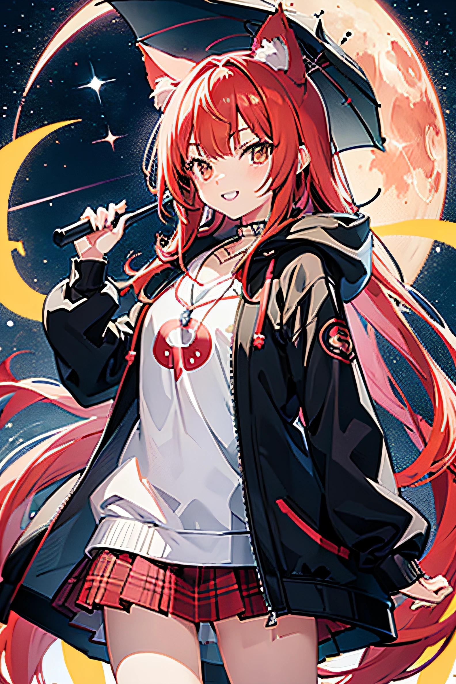 scarlet hair、cat ear、Orange eyes、eye topaz color、hair pin、double tails、The shirt、Parka、A short skirt、a necklace、double teeth、sparkle eyes、birthday、Lots of gifts、One hand holding an umbrella、ssmile、remove、meteors、milky ways、a moon、seductive anime girls, Anime style 4k, best anime 4k konachan wallpapers,Anime cute art style, Anime art wallpaper 8K、Tomohiro Fujinaga