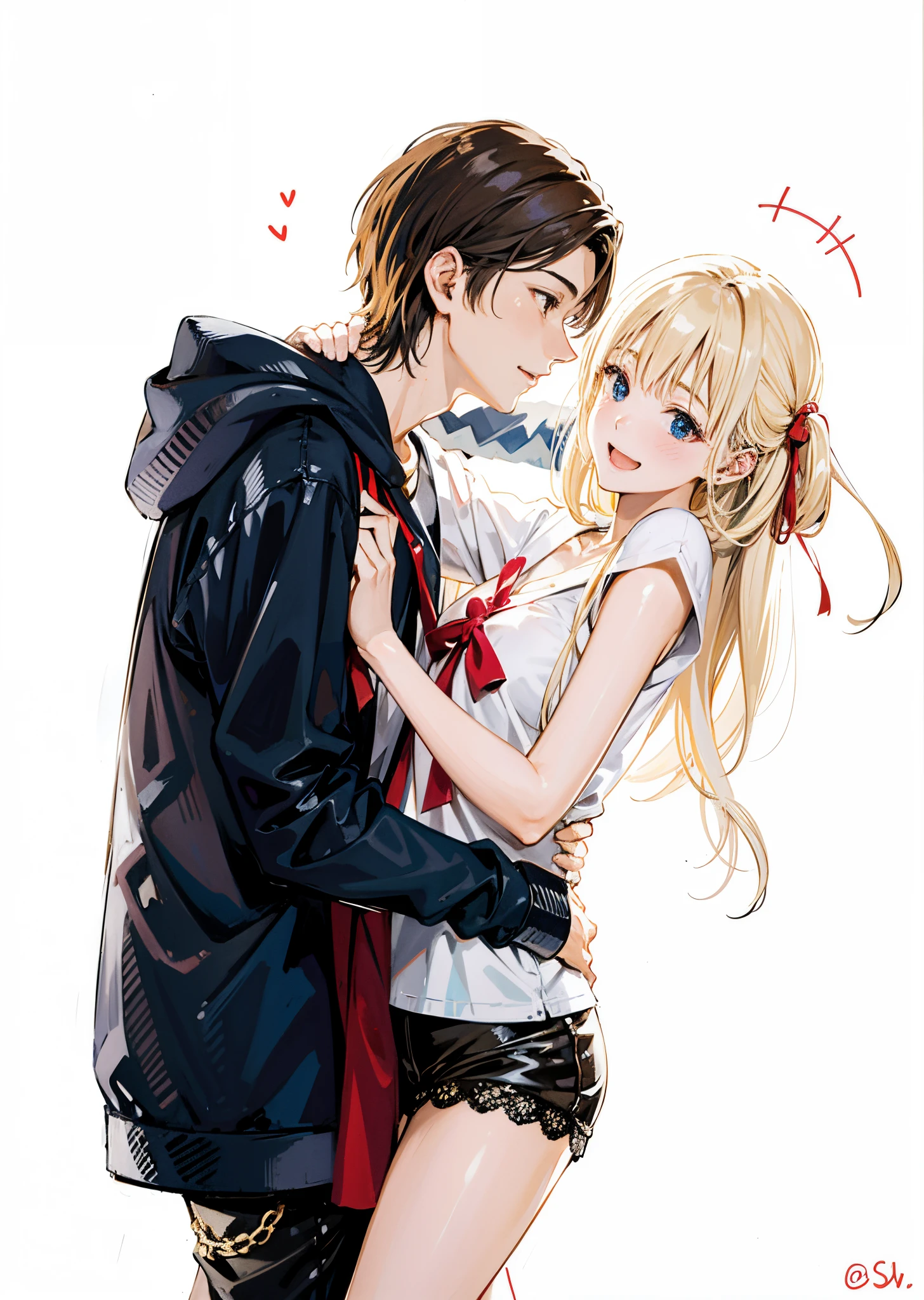 anime couple hugging each other in a hug, blonder girl, cuddle, cute, romance background