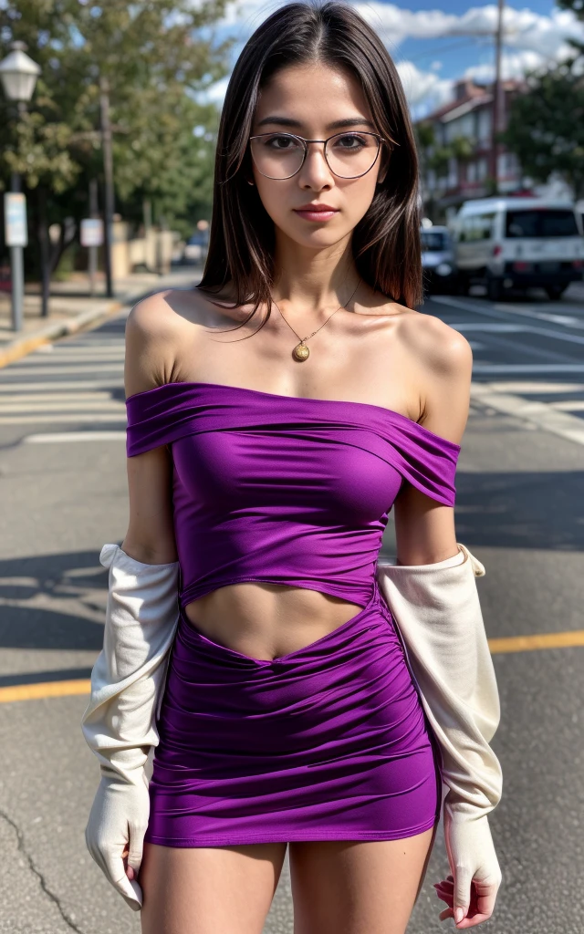 (8K, Masterpiece, RAW photo, Best quality, detail:1.5), (ultra realistic, scenary, 8K:1.5), Depth of field, Cinematic light, (ultra realistic face), (1 ultra skinny girl:1.4), (Beautiful and elegant girl:1.3), (tight magenta minidress:1.4), (girl with glasses), (latina face:1.5), (natural abs), (full body:1.6), (off-shoulder tight minidress:1.4), (small necklace, collarbone), (ultra detailed skin:1.3), (tight small gloves:1.2), (complete standing pose:1.2), (ultra realistic skin:1.4), (black hair:1.2)