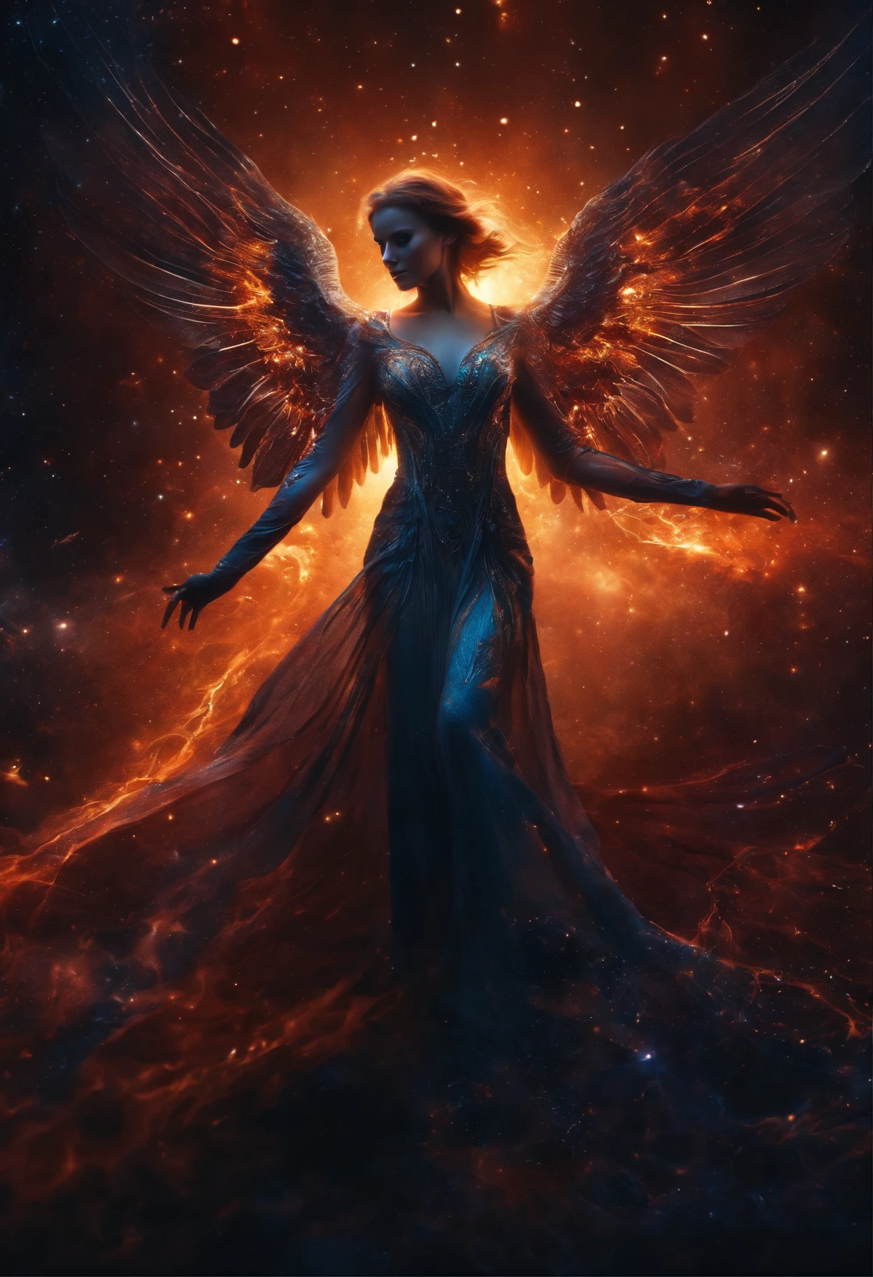 fallen angel of the universe, Radiant Eyes, Biomechanicals, dense, crawling, nightmarish, The colors are very vivid, light particules, Bio-luminescence, Musif, wallpaper art, ultra HD wallpaper