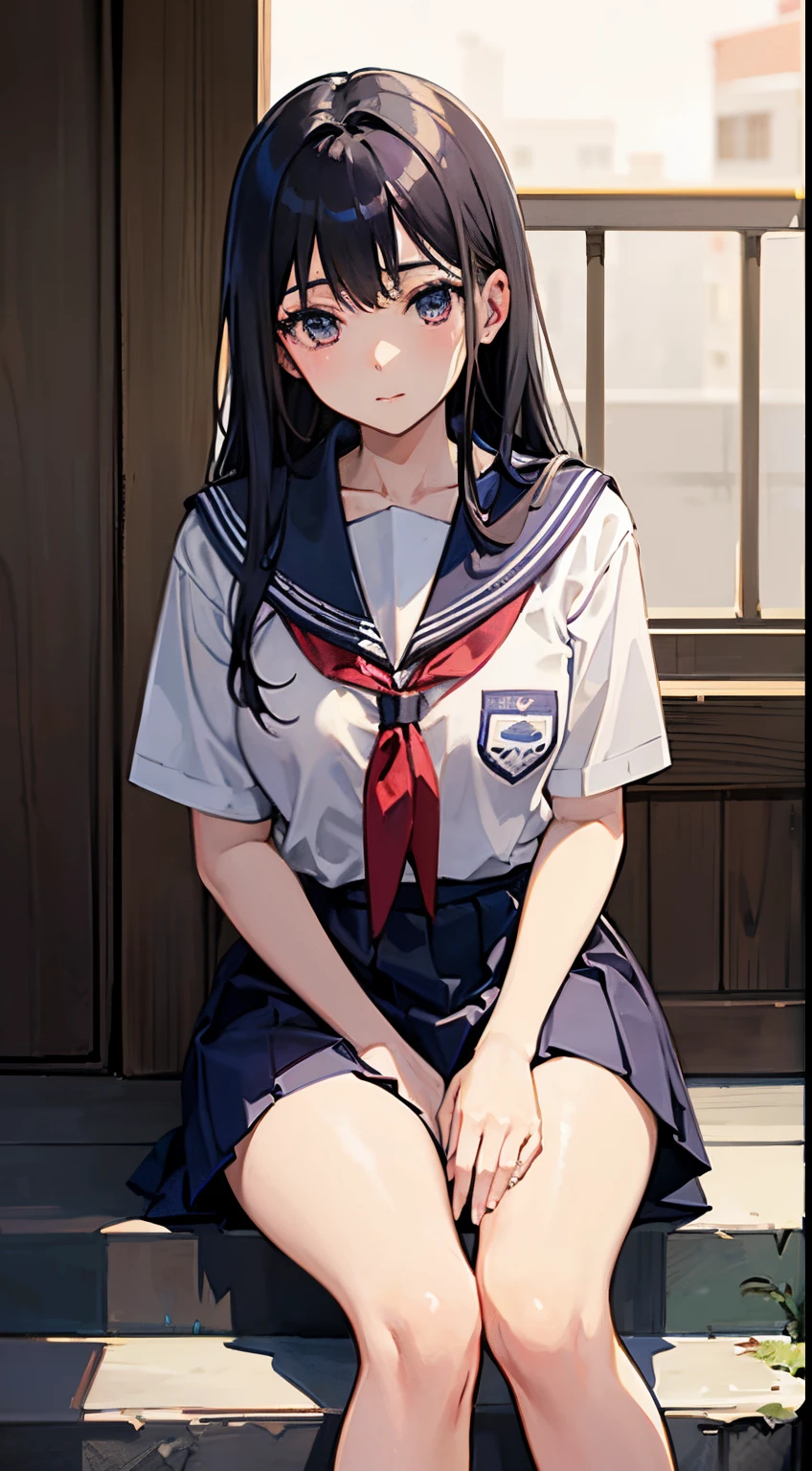 Arab asian woman sitting on stairs with hands on chin, Realistic Young Gravure Idol, a hyperrealistic schoolgirl, Young Pretty Gravure Idol, Young Gravure Idol, Cute Schoolgirl, a hyperrealistic schoolgirl, Young skinny gravure idol, Young Sensual Gravure Idol, japanese girl school uniform, beautiful anime high school girl, Japan school uniform、((top-quality)), ((​masterpiece)), (detaileds),