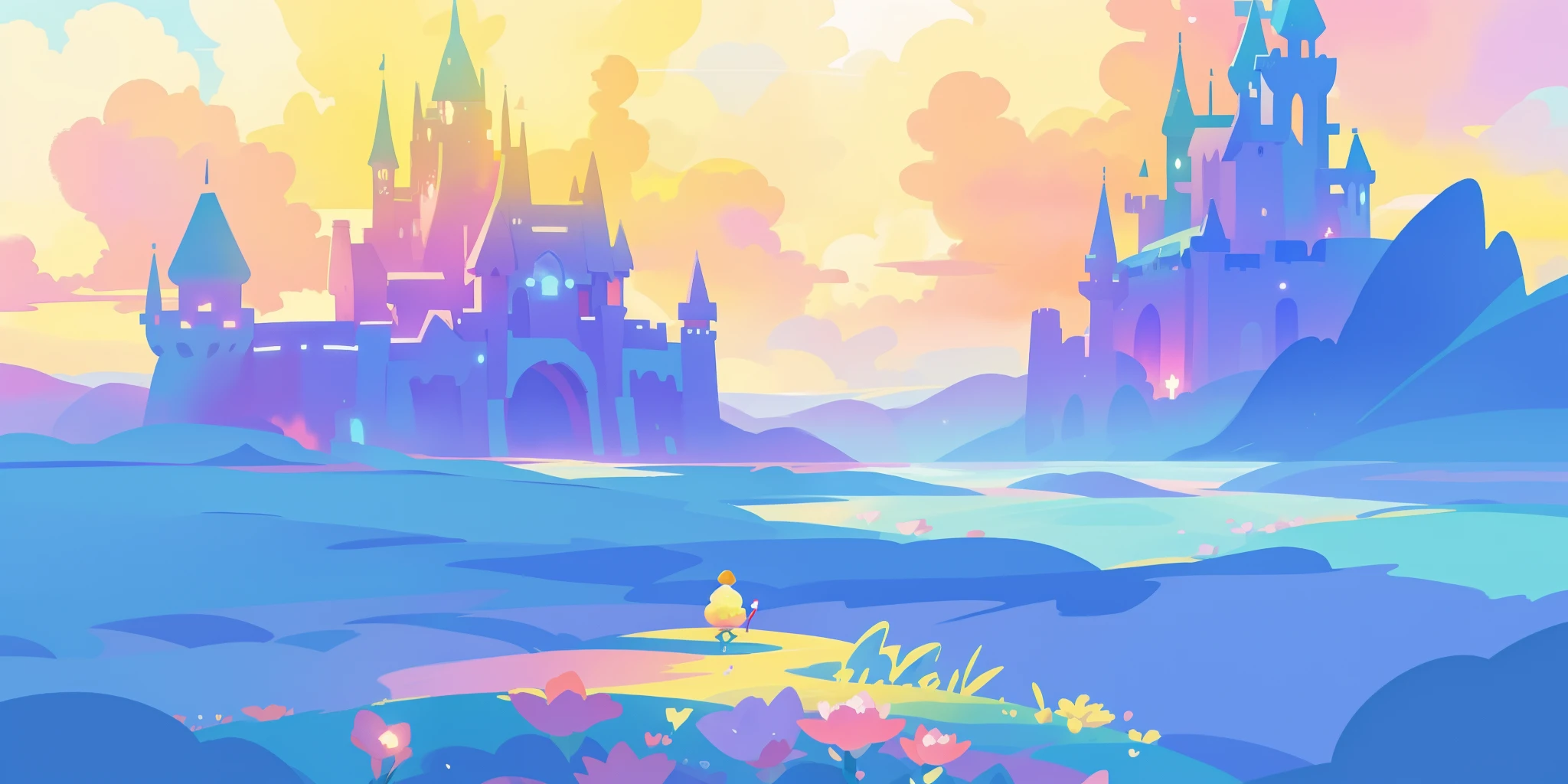 beautiful fantasy landscape, vibrant colors, (((otherworldly landscape))), whimsical landscape, cloud castle, huge clouds, ocean of clouds, watercolor illustration, disney art style, glowing lights, beautiful digital illustration, fantasia otherworldly landscape plants flowers, beautiful, masterpiece, best quality, anime disney style