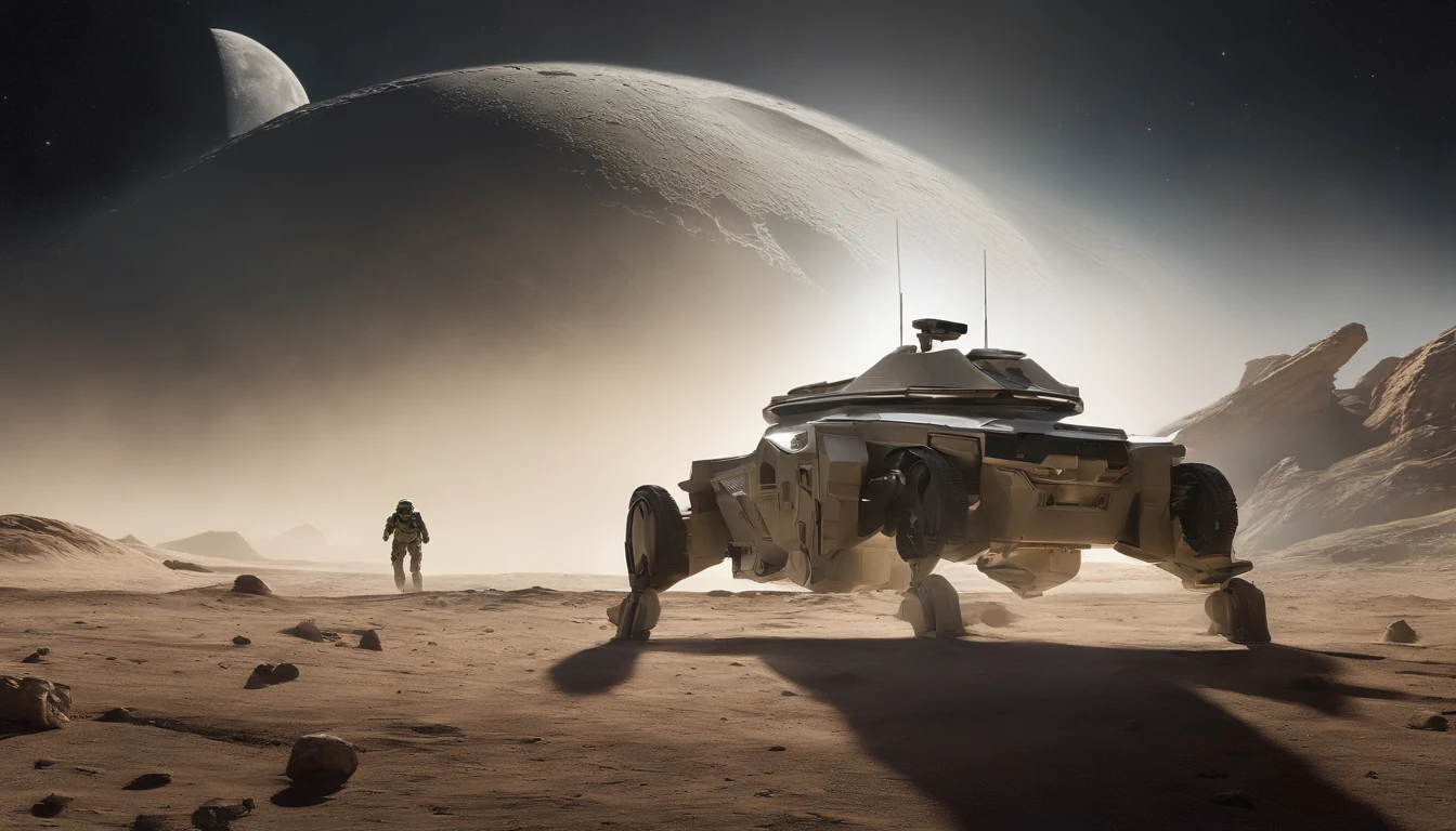"Generate a highly detailed and dynamic image featuring Master Chief from Halo walking on the moon's surface. Envision him with accurate proportions, exuding an air of strength and determination. Depict the lunar landscape with meticulous detail, showcasing large explosions of dust and moon rock in the background, emphasizing the harsh, rugged terrain. Infuse the scene with micro-details, capturing the intricacies of Master Chief's armor, the lunar surface, and the billowing dust clouds. Craft an image that conveys both the grandeur of space exploration and the intense action of a battle on the moon, creating a visually stunning and immersive portrayal."