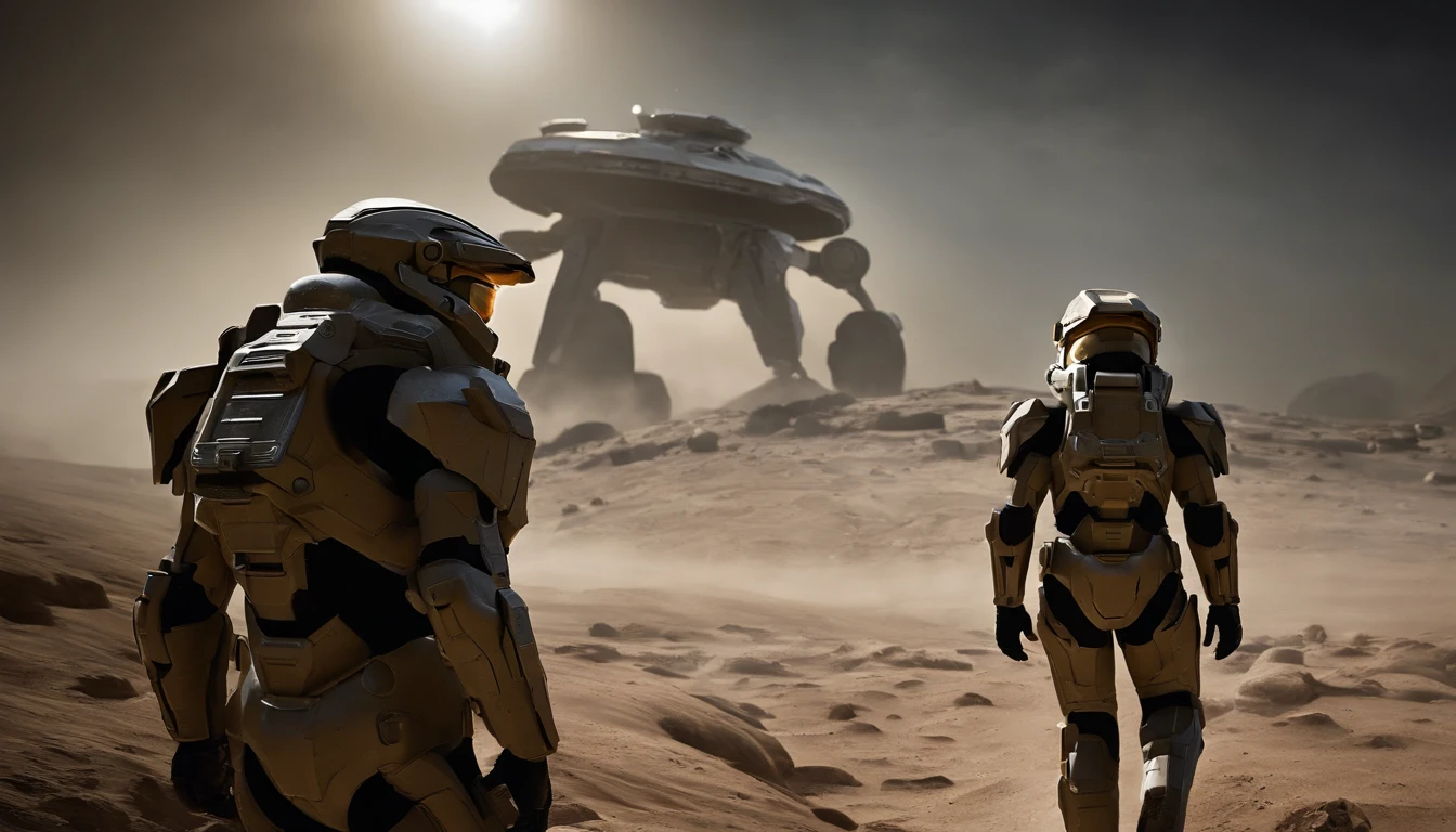 "Generate a highly detailed and dynamic image featuring Master Chief from Halo walking on the moon's surface. Envision him with accurate proportions, exuding an air of strength and determination. Depict the lunar landscape with meticulous detail, showcasing large explosions of dust and moon rock in the background, emphasizing the harsh, rugged terrain. Infuse the scene with micro-details, capturing the intricacies of Master Chief's armor, the lunar surface, and the billowing dust clouds. Craft an image that conveys both the grandeur of space exploration and the intense action of a battle on the moon, creating a visually stunning and immersive portrayal."
