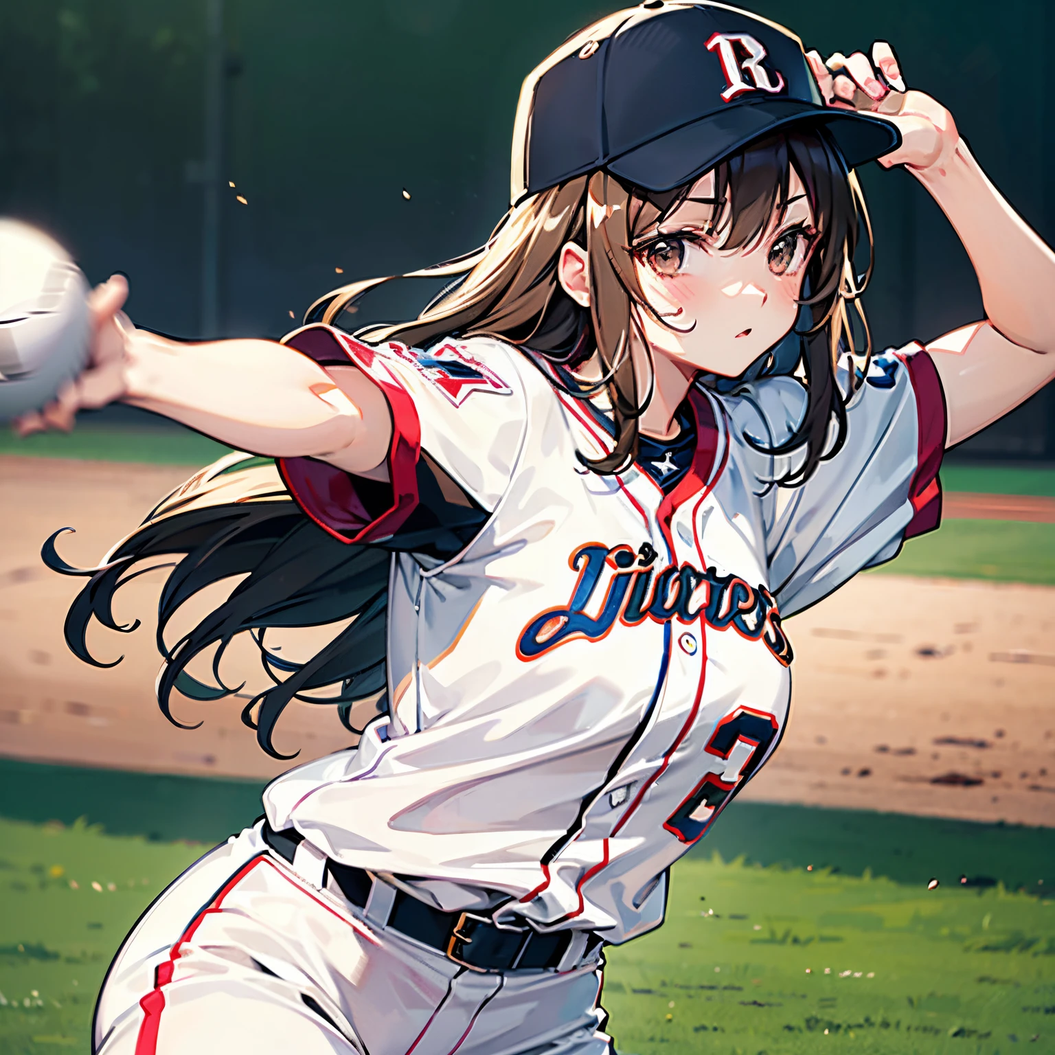woman。(Softball competition)。smile、Dark Brown Hair、(Softball Ground)。(Women's Softball Uniforms:1.2)、Softball competition場。(Women's Softball Uniforms)。competition、Perfect hands、Facing the audience