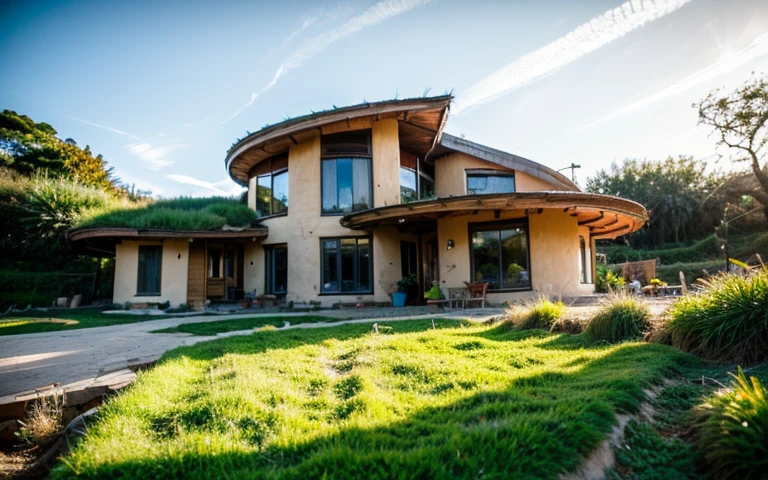 A photograph of a symmetrical a splendid contemporary house with (((waved green roof))) and (((biological pool))) in a tropical backyard, mustard yellow terracota plaster walls (((rustic clay stucco))), ((corner walls rounded)), ((rustic clay plaster)), (((terracotta walls with rounded corners, organic curves))), (((rustic earth plaster, mud))), (((wave-shaped green roof with wooden edge))), (((wooden roof structure, wooden rake, wooden fascia board))), eaves, porch with wooden pillar, ((roof with wooden structure)), In Bali (((Tropical garden))), ((natural houses, organic buildings, organic architecture)), Ecovillage, sustainable architecture, Bioconstruction architecture, solarpunk architecture, (((grass roof, green roof, green wave roof, rounded roof, vegetated roofs))), ((green architecture)), Passive house, (((Rock Foundation))), Clear sky in the background, painful beauty, modern, imposing, green house, ((Bali hobbit Hadid Style)), super resolution, cinematic, color grading, editorial photography, photography, photo shoot, (((dramatic front eye top angle view))), O 50mm, depth of field, intricate details, natural colors, sharp focus, warm light, shutter speed 1/1000, F/22, White Balance, Ray Trace Reflections, Lumen Reflections, Screen Space Reflections, Diffraction Rating, Chromatic Aberration, GB Shift, Partial Lighting, Backlighting, Daylighting, Scan Lines, ambient occlusion, antialiasing, shaders, OpenGL-Shaders, GLSL-Shaders, Post-processing, post-production, shading, tone mapping, incredibly detailed and complex, hypermaximalist, elegant, hyperrealistic, super detailed, dynamic pose, Fujifilm XT