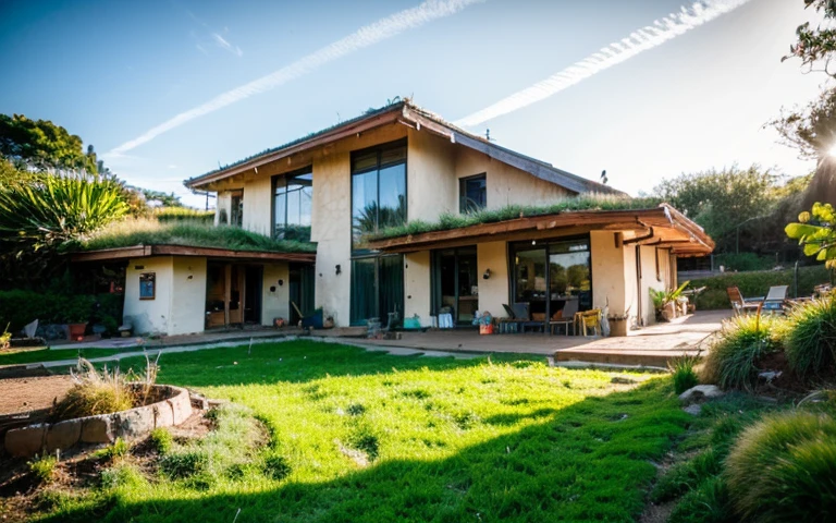 A photograph of a symmetrical a splendid contemporary house with (((waved green roof))) and (((biological pool))) in a tropical backyard, mustard yellow terracota plaster walls (((rustic clay stucco))), ((corner walls rounded)), ((rustic clay plaster)), (((terracotta walls with rounded corners, organic curves))), (((rustic earth plaster, mud))), (((wave-shaped green roof with wooden edge))), (((wooden roof structure, wooden rake, wooden fascia board))), eaves, porch with wooden pillar, ((roof with wooden structure)), In Bali (((Tropical garden))), ((natural houses, organic buildings, organic architecture)), Ecovillage, sustainable architecture, Bioconstruction architecture, solarpunk architecture, (((grass roof, green roof, green wave roof, rounded roof, vegetated roofs))), ((green architecture)), Passive house, (((Rock Foundation))), Clear sky in the background, painful beauty, modern, imposing, green house, ((Bali hobbit Hadid Style)), super resolution, cinematic, color grading, editorial photography, photography, photo shoot, (((dramatic front eye top angle view))), O 50mm, depth of field, intricate details, natural colors, sharp focus, warm light, shutter speed 1/1000, F/22, White Balance, Ray Trace Reflections, Lumen Reflections, Screen Space Reflections, Diffraction Rating, Chromatic Aberration, GB Shift, Partial Lighting, Backlighting, Daylighting, Scan Lines, ambient occlusion, antialiasing, shaders, OpenGL-Shaders, GLSL-Shaders, Post-processing, post-production, shading, tone mapping, incredibly detailed and complex, hypermaximalist, elegant, hyperrealistic, super detailed, dynamic pose, Fujifilm XT