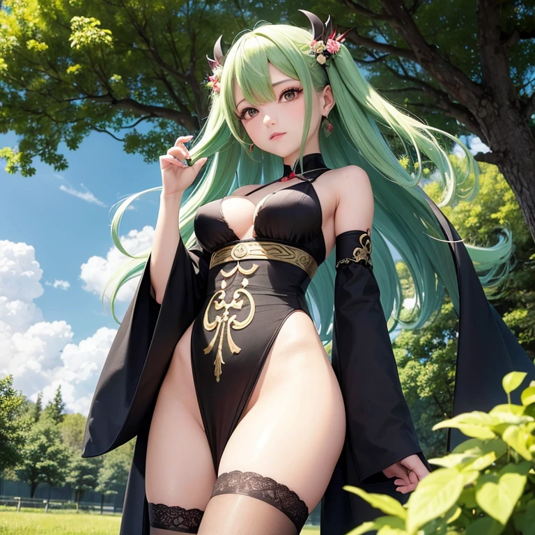 ((masutepiece、An ultra-high picture quality、ultra-quality、8K、clear details、face perfect、Phenomenally cute face、the perfect body、discreet breasts、realphoto、Realistic Photos))18year old、Cute girl in a shortcut, Standing around 150cm tall.、Green hair、Hair fluttering in the wind、 form-fitting black Chinese clothes、Red underwear visible from a black Chinese dress fluttering in the wind、Dissatisfied, but she looks shy.、(A photo looking up from below with a full body composition)