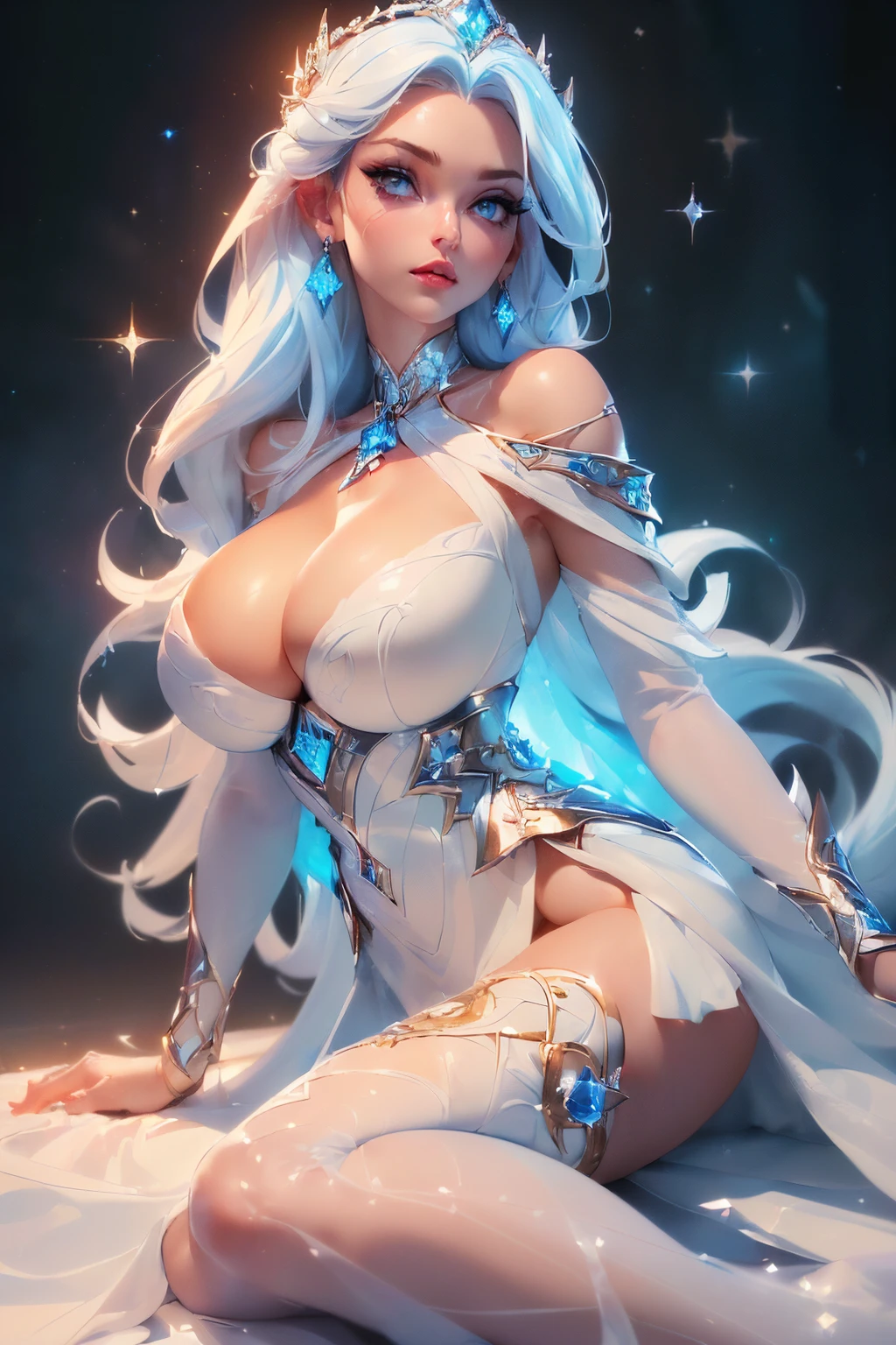 ((Reclined on ice throne))((sexy tall russian supermodel)) ((beautiful face)) (red lipstick) ((big bright light blue eyes)) ((very long straight platinum hair)) ((pale skin)) ((very huge breast:1.5)) ((perfect slender body:1.3)) ((wears fantasy ice mage tranparent sexy dress)) (()) ((ice crown, choker, earrings, white stocking)) ((wield ice magic wand))((beauty supermodel, sexy posing inside photo studio for epic camera photoshoot, fantasy ice crystals, frozen decoration, light of reflector over her))(high resolution, dynamic shadows)((photorealistic:1.5)) ((masterpiece:1.3)) (8k) (perfect face) ((best quality:1.4)) (perfect hands and eyes)
