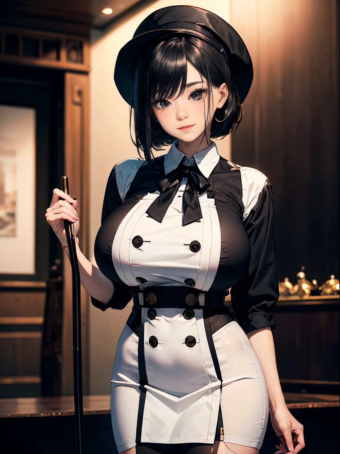 a 20 yo woman、(​masterpiece:1.4)、(in 8K、realisitic、Raw photo、top-quality:1.4)、(Real Face:1.4)、(real looking skin:1.3)、超A high resolution、Black eyes、black hair shorthair、magician、silk hat、Black ceremonial clothing、White collared shirt、Black tie、(huge-breasted:1.5)、Blushing、alluring face、a smile、stick、On stage、full bodyesbian