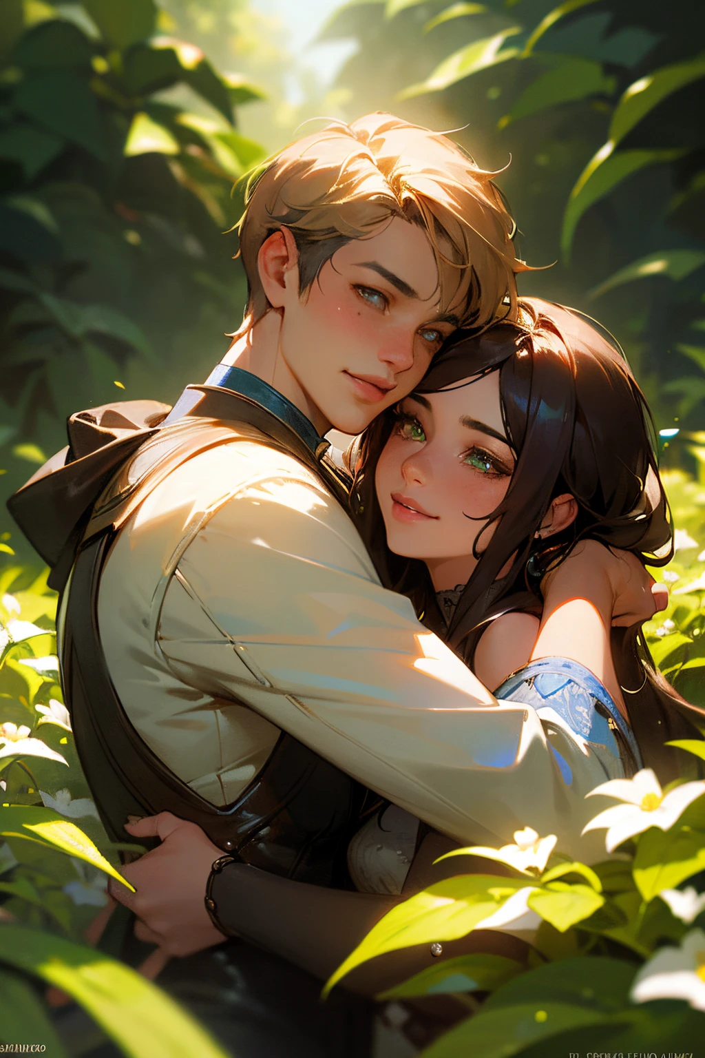 couple,1 male,1 female,smiling,hugging,beautiful detailed eyes,beautiful detailed lips,romantic atmosphere,emotional connection,tender embrace,soft lighting,lush garden background,photorealistic,portrait style,retain vibrant colors,high resolution,HDR effect
