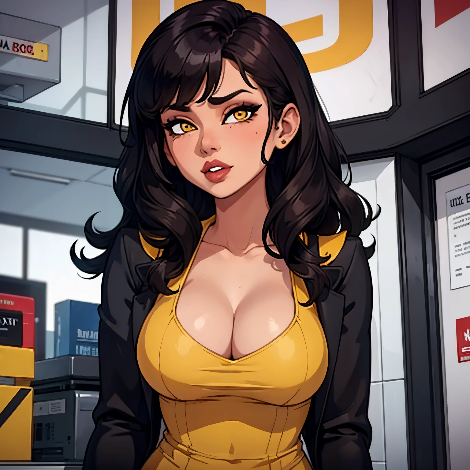 Female busty business woman, long wavy haircut, wearing makeup, wearing business outfit, sexy, cute, full lips, wearing lipstick, yellow clothing