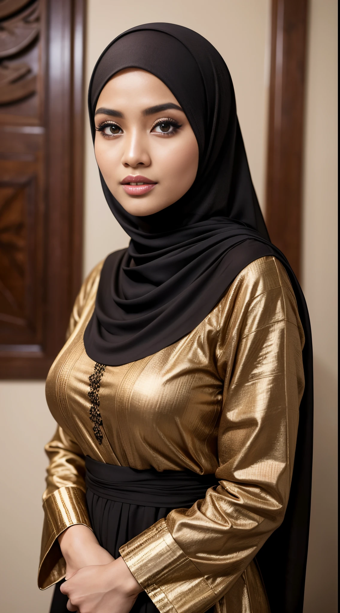 RAW, Best quality, high resolution, Masterpiece: 1.3), Beautiful Malay woman in hijab,Masterpiece, best quality,8k, brown eyes, perfect eyes,Huge breasts,wearing long abaya batik