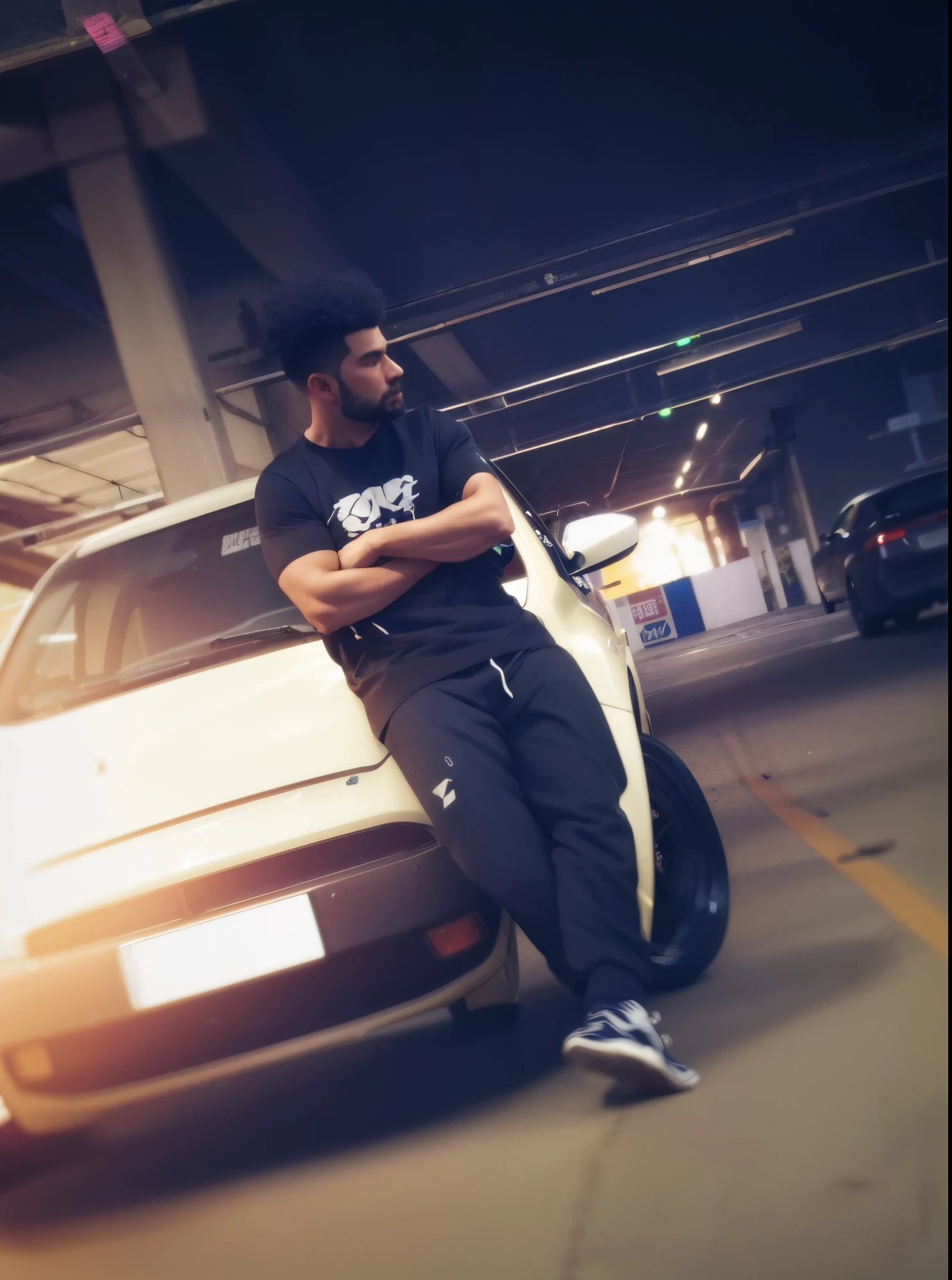 há um homem encostado em um carro em uma garagem, Coleção Outlive Streetwear, Retrato no meio da foto, postura épica, Tiro com iPhone 1 0, De pé na frente de Lowrider, em frente a uma garagem, postura poderosa, Pose completa, Ensaio Promocional, Reflexivo, vestindo roupas urbanas, Usando Techwear japonês, em pé em um estacionamento, tiro no meio do corpo