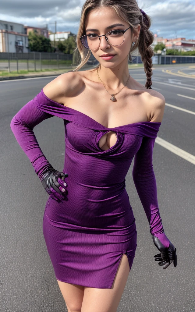(8K, Masterpiece, RAW photo, Best quality, detail:1.3), (ultra realistic:1.4, scenary, 8K), Depth of field, Cinematic light, (ultra realistic face), (1 ultra skinny girl:1.4), (Beautiful and elegant girl), (tight purple minidress:1.4), (girl with glasses), (latina face:1.5), (natural abs), (full body:1.6), (off-shoulder tight minidress:1.4), (small necklace, collarbone), (ultra detailed skin:1.3), (tight small gloves:1.2), (complete standing pose:1.2), (ultra realistic skin:1.4), (black plaits hair)