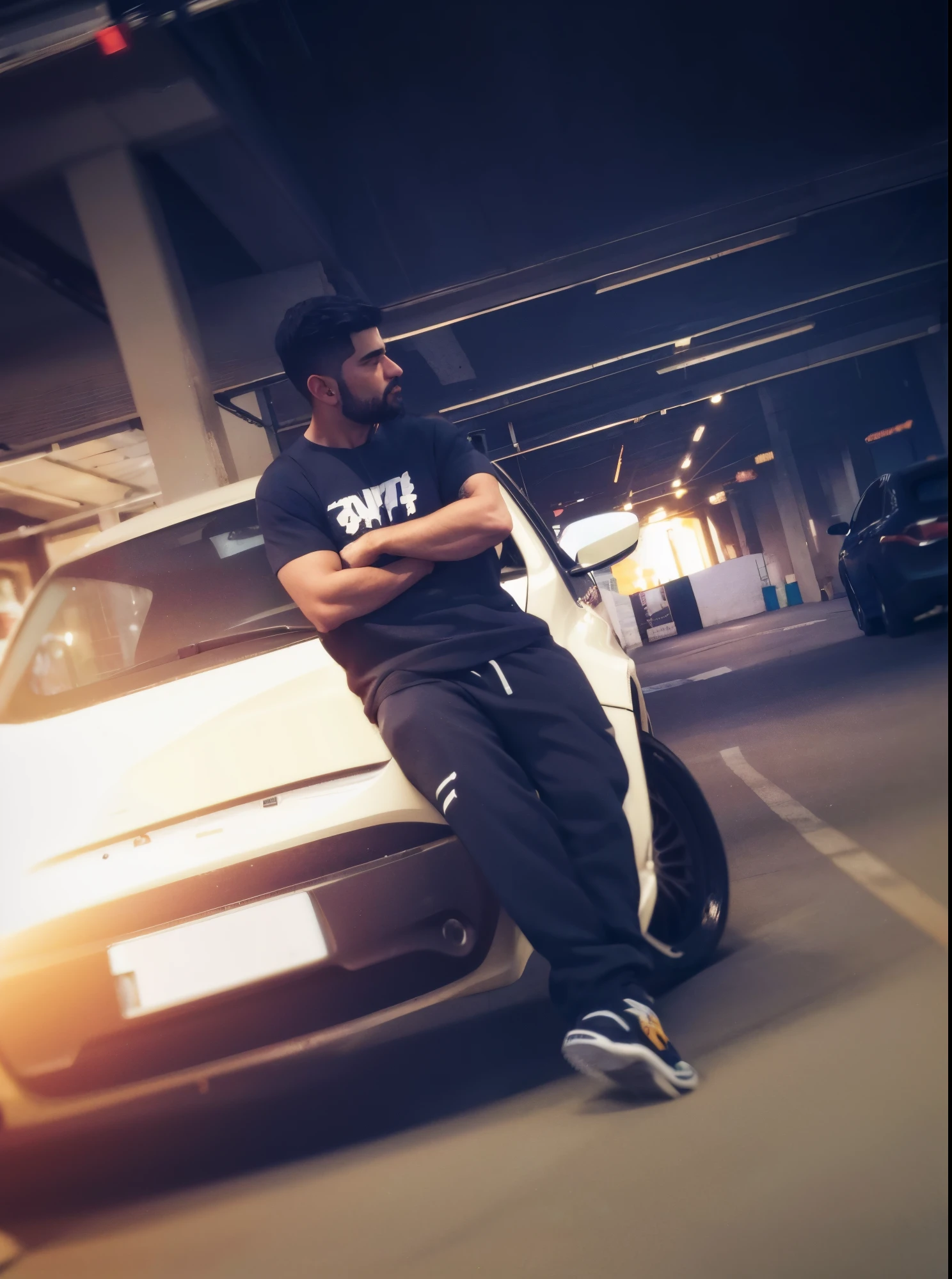 há um homem encostado em um carro em uma garagem, Coleção Outlive Streetwear, Retrato no meio da foto, postura épica, Tiro com iPhone 1 0, De pé na frente de Lowrider, em frente a uma garagem, postura poderosa, Pose completa, Ensaio Promocional, Reflexivo, vestindo roupas urbanas, Usando Techwear japonês, em pé em um estacionamento, tiro no meio do corpo