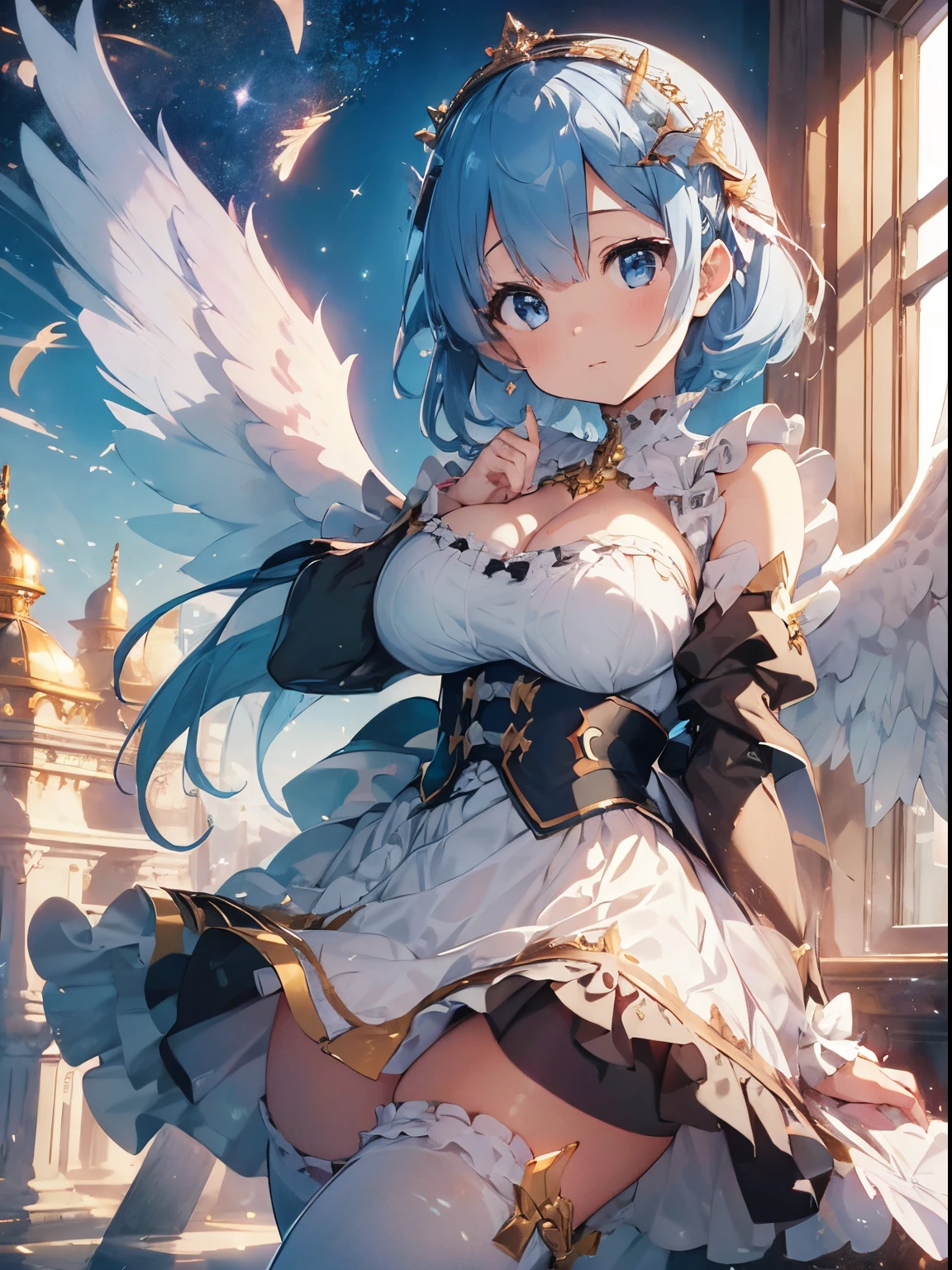 Ultra-realistic photo of a girl in a majestic white and golden ball gown dress, Big beautiful dress, Complex puffy ball gown with lots of frills and rhinestones (Best Quality, masutepiece, ((Angel wings:1.2))。 art stations, Fantasy Art:1.2), Palace rooms, Beautiful cute girl, Rem of Rezero、(Blue shorthair:1.3), Bangs hide one eye、(Complex short gold skirt, Bare legs:1.2, thighs thighs thighs thighs、very Bigger breasts、cleavage of the breast、Full body shot)
